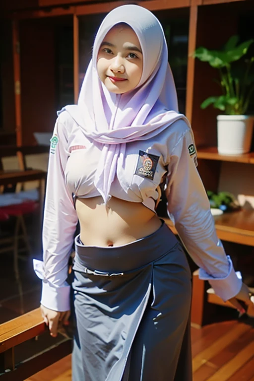 Masterpiece, high resolution, perfect face, 1 girl, indonesia girl, 15 years old, modern grey, hijab, proporsional body, medium breast, (naked),indonesia high  , white shirt, (open shirt), undress, long blue grey skirt, lifting skirt, show vagina, no bra, no panties, hairless vagina, sit on table, (spreads her legs wide open ), classroom, detailed skin, sweaty body, smile, look at camera, 1 boy, penis, missionary pose, vaginal