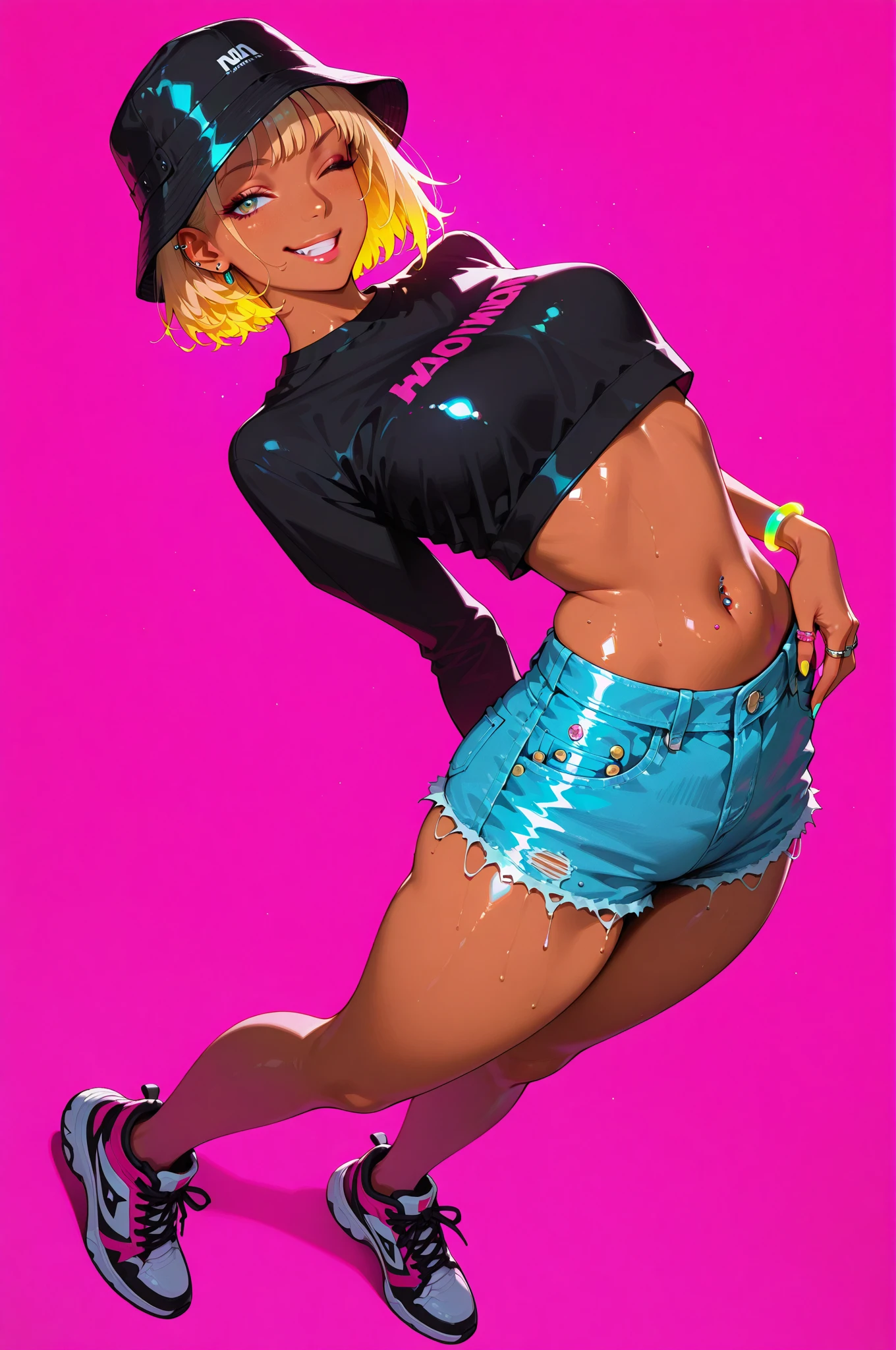 (extremely detailed CG unity 4k wallpaper),(masterpiece),(best quality),(ultra-detailed),(best illustration),(best shadow),(absurdres),(detailed background), full body shot, Asian Femboy, Cute, Slim build, Black eyes, Light skin, Long straight black hair with pink highlights, denim skirt, American flag T-Shirt, western boots, Smile, bulge, black eyeliner, Texas background, anime,