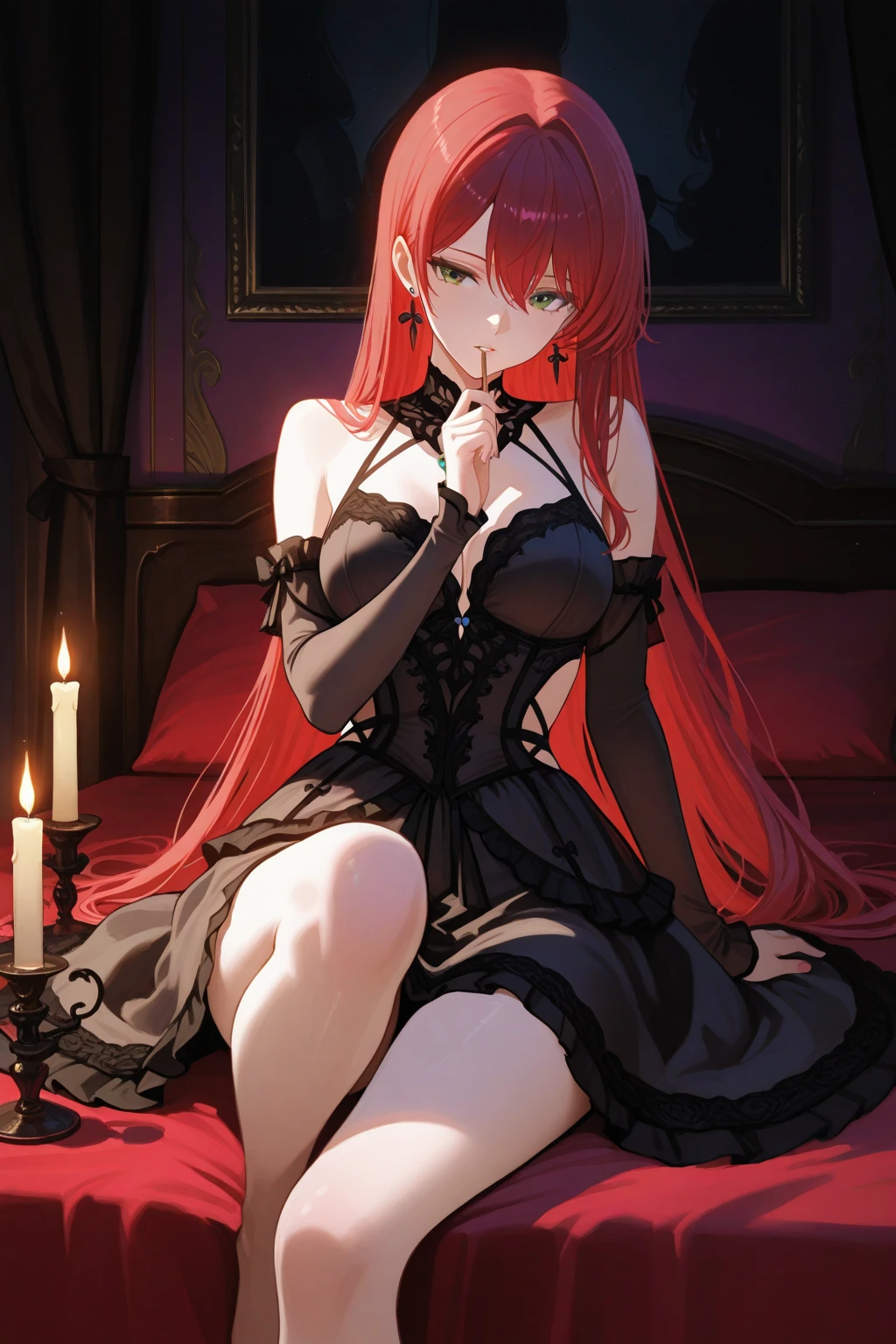 high quality, High resolution, beautiful, detailed, nsfw, woman, 1 person, Reddish-purple hair, Mid-length hair, Red eyes, slim, blush, Mischievous(Sexual), saliva, Blood, 吸Blood鬼, Torn Dress, sexy,Dark fantasy, mysterious, complicated,
