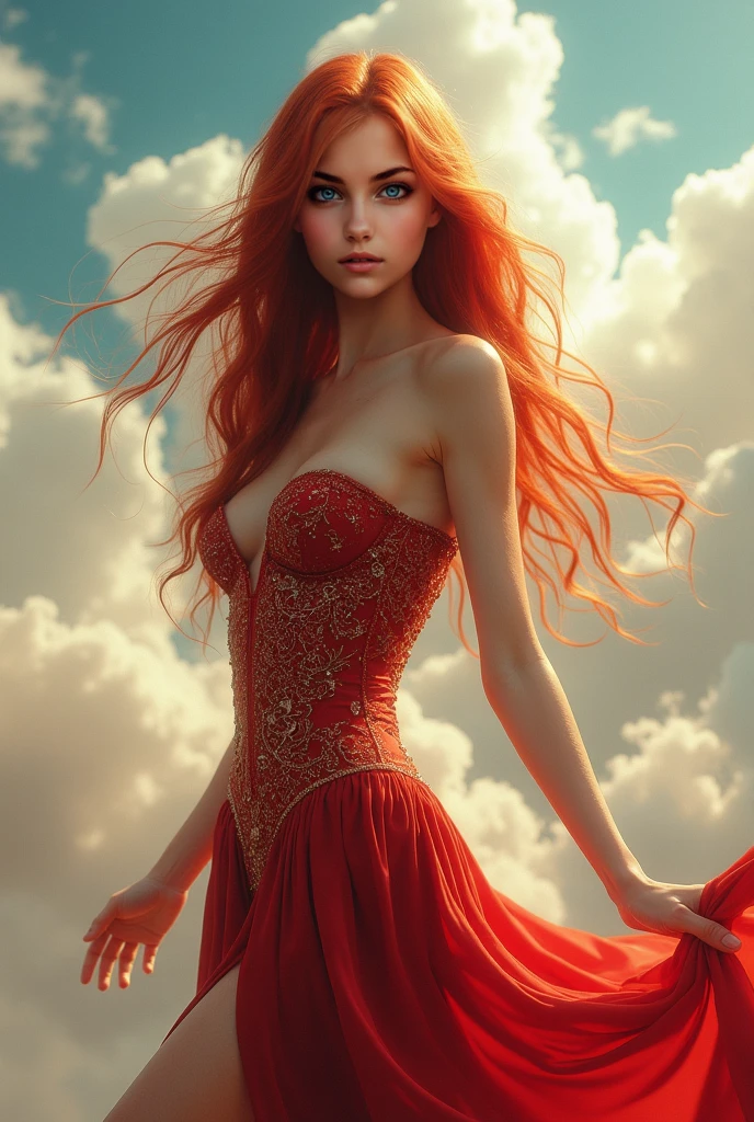 ((best quality)), ((masterpiece)), (detailed)), ((1girl)), beautiful eastern European woman, ethereal, partial smile, enchanting gaze, sexy pose, windy red hair, fabulously elegant short black dress showing off her shoulders , mysterious, charming, mystical sky, (Luis Royo:1.2), sunrise, seaside village, soft colors, (detailed clouds:1.3), (high resolution:1.2)