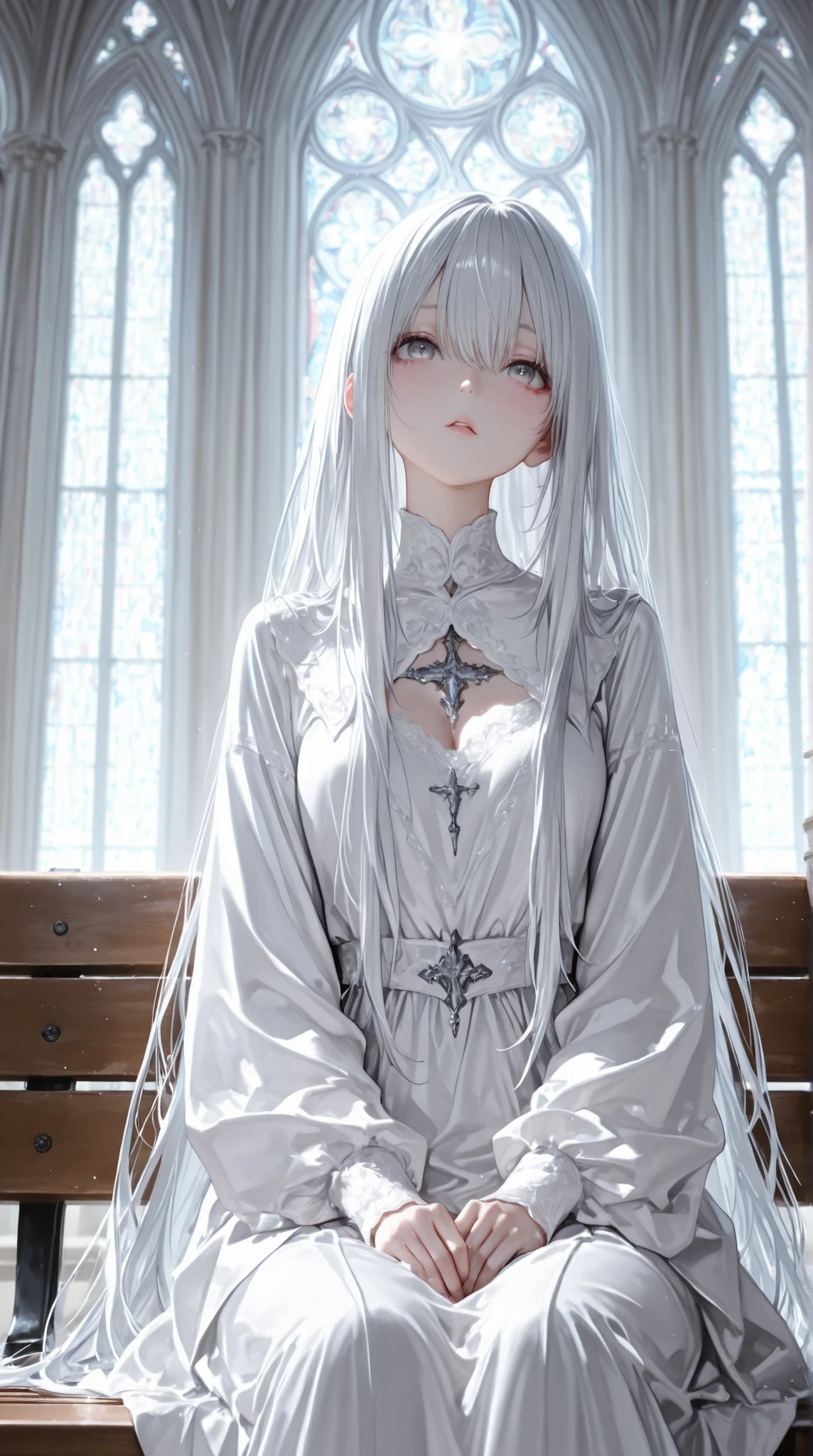 1girl with long hair,super long hair with very long silver hair,Front view,, my clothes are mysterious and beautiful white,staring at me、Front of face、Face Up、I'm sitting on a church bench