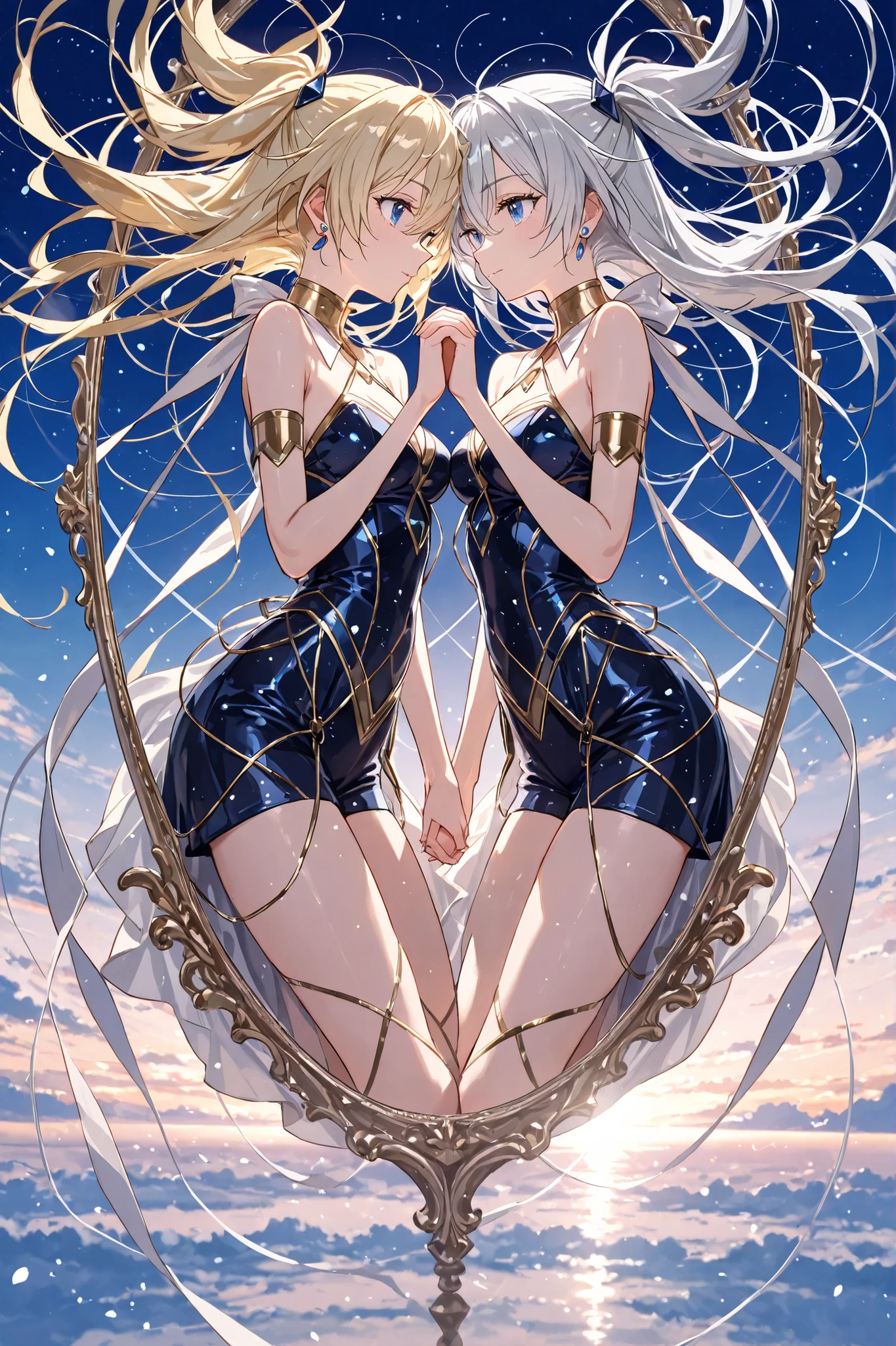 masterpiece, top quality, Symmetrical Composition, Mirror Matching, Symmetrical structure , geometric, balance, anime style, high resolution, Super Detailed, 8k、Beautiful girl with blonde hair and beautiful girl with silver hair、Starry Sky、fantastic、 hold hands