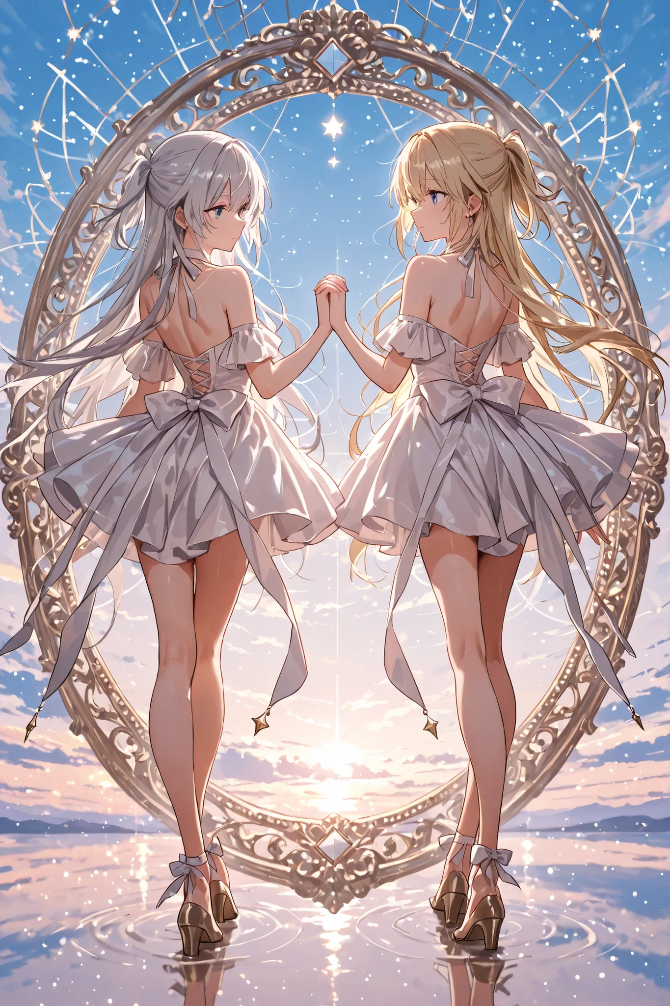 masterpiece, top quality, Symmetrical Composition, Mirror Matching, Symmetrical structure , geometric, balance, anime style, high resolution, Super Detailed, 8k、Beautiful girl with blonde hair and beautiful girl with silver hair、Starry Sky、fantastic、 hold hands