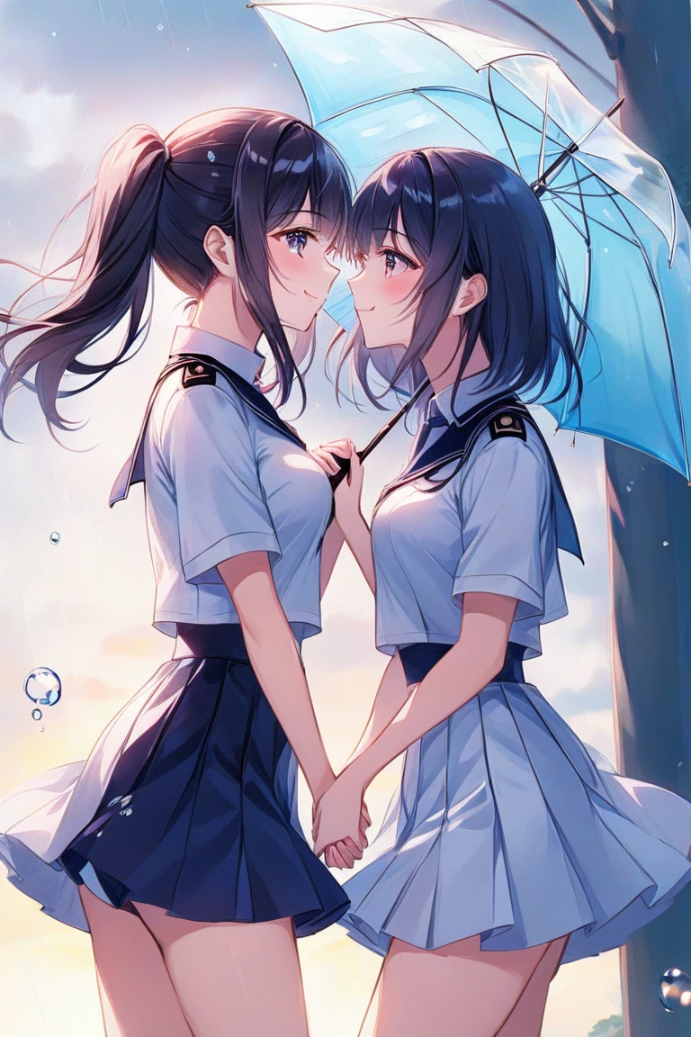 2girls,lifted skirts,exposing panties,sailor uniforms,holding umbrellas,in a garden,(best quality:1.2),ultra-detailed,realistic,portrait,soft pastel colors,soft lighting,vivid colors.