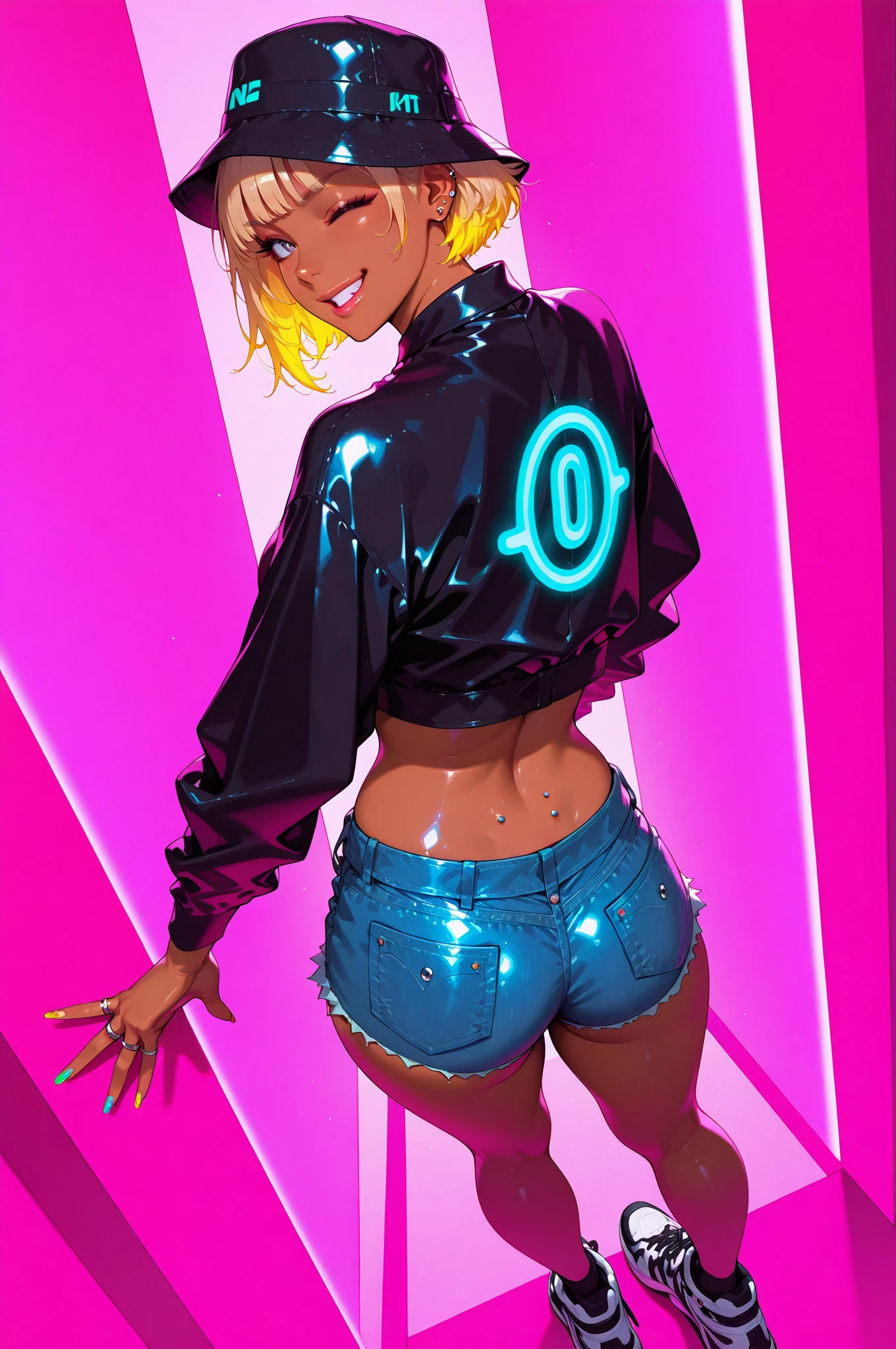 (((masterpiece,Highest quality))),(((A male anime character with a multi-colored, spiky hairstyle, sunglasses, and a somewhat revealing patent leather jacket and Visual Kei outfit.))),((Wearing a small hat at an angle)),(((Sticking out tongue))),(((Black Background))),Focus on the whole body,(high quality),アニメ,rainbow highlights hair,streaked hair