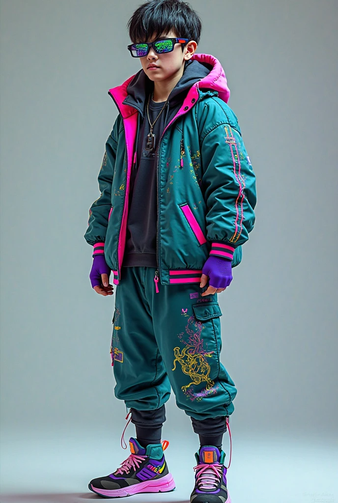 An orange-skinned, blue-haired Alien with a beachy hat, with a blue, green, red and purple beachy floral textured vest, with blue and purple futuristic pants and boots with orange beach details, full black background, highly detailed, full body view