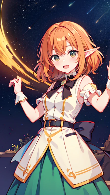 kitsune idol in a tavern, foxgirl, fox ears, fox tails, pink hair, green eyes, light blue idol dress, tavern background, high quality, masterpiece