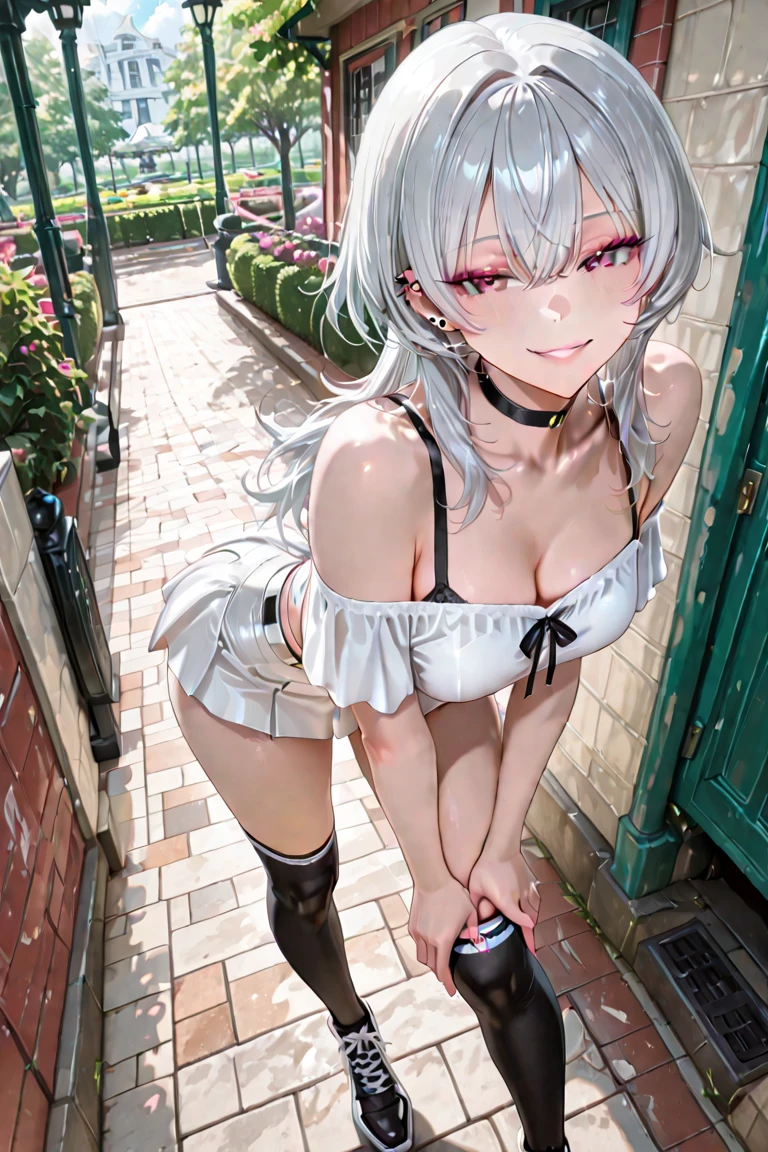 Beautiful naked girl with short white hair masturbating intensely on top of a pole with her legs open in black stockings and red heels with an ahegao expression and sweaty body