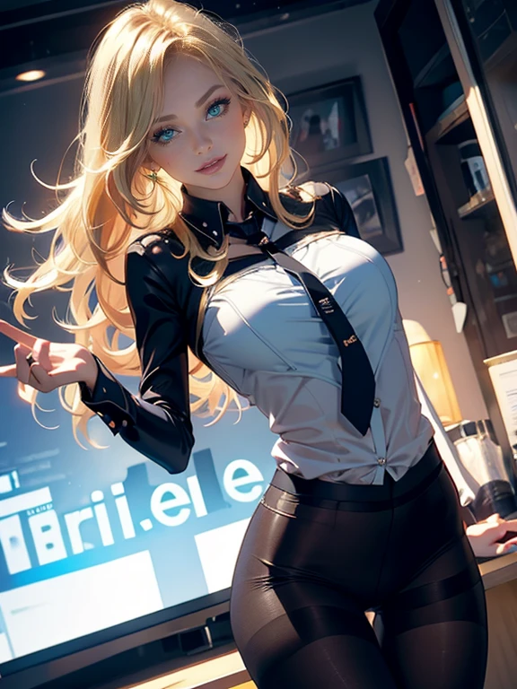 (((Blonde stunning hair))), (blue eyes), blue necklace, Golden earrings, Fit, Gorgeous Body, gorgeous, brown eyebrows, (two moles over lip), big pupils, (23 years old), 1girl,solo, complex skin, warm light, (large breasts), wide thighs, round butt, 5 fingers, ((blushing)), ((detailed face, best quality)), ((masterpiece)), ((ultra-detailed)), (beautiful detailed eyes), red lip, eyeshadow, beautiful face, long hair, very detailed eyes, intricate details in eyes, perfect lips, good lighting, ((black leather skirt and white sleeveless shirt, buttons open)), in Japanese anime office room, workplace background, evil smile, cleavage, from below, ((full body:1.5)), sitting next to computer, legs crossed, armpits showing