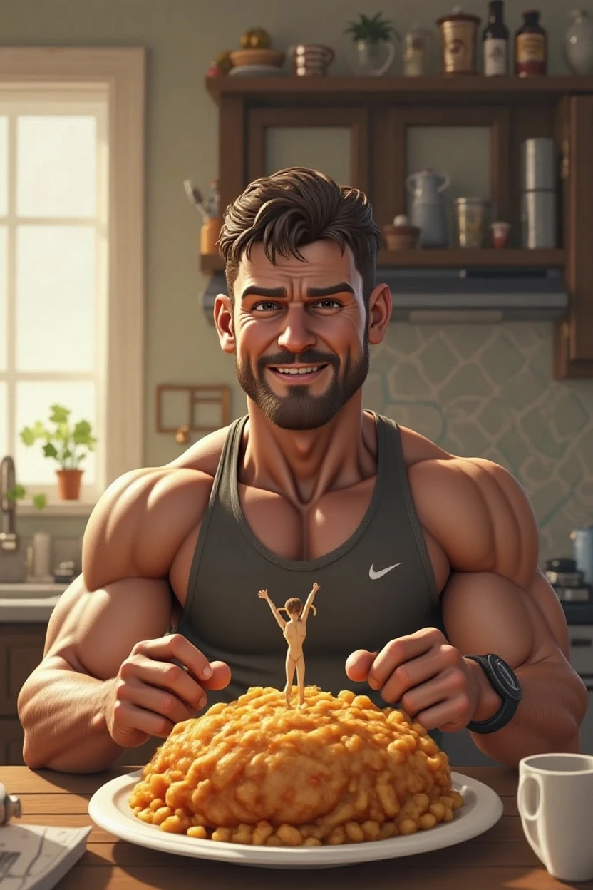 There is a man sitting at a table with a plate of ham and cheese., muscular character, amateur man, epic video game art, super realistic food image, epic digital art illustration, muscular characters, muscular male hero, male art, big biceps, big muscles, super polished and cool, muscular! cyberpunk, muscular werewolf, big muscles, epic digital painting, very fond, Unreal Engine 5, Photoshop, masterpiece, intrincate details, RTX, foodporn, too,

