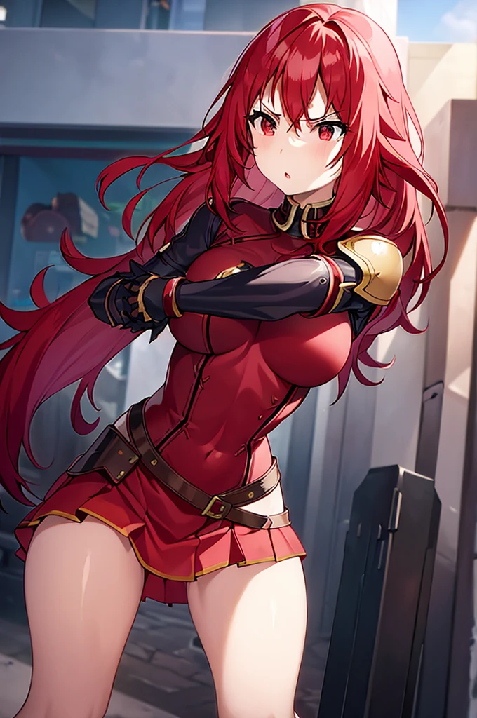((best quality)),((masterpiece)),8k wallpaper, absurdres, highres, ultra detailed, (1 young beautiful girl com peitos grandes, solo:1.1), solo, eyes red and gold, gloves, human ears, long hair, red hair,(red and gold eyes), fingerless gloves, red hair, asymmetrical clothes, makeup, hairclip, ????????????, athletic body, slimskirt, thigh strap, lips, gradient hair, single glove, RED HAIR, (anime style) BREAK