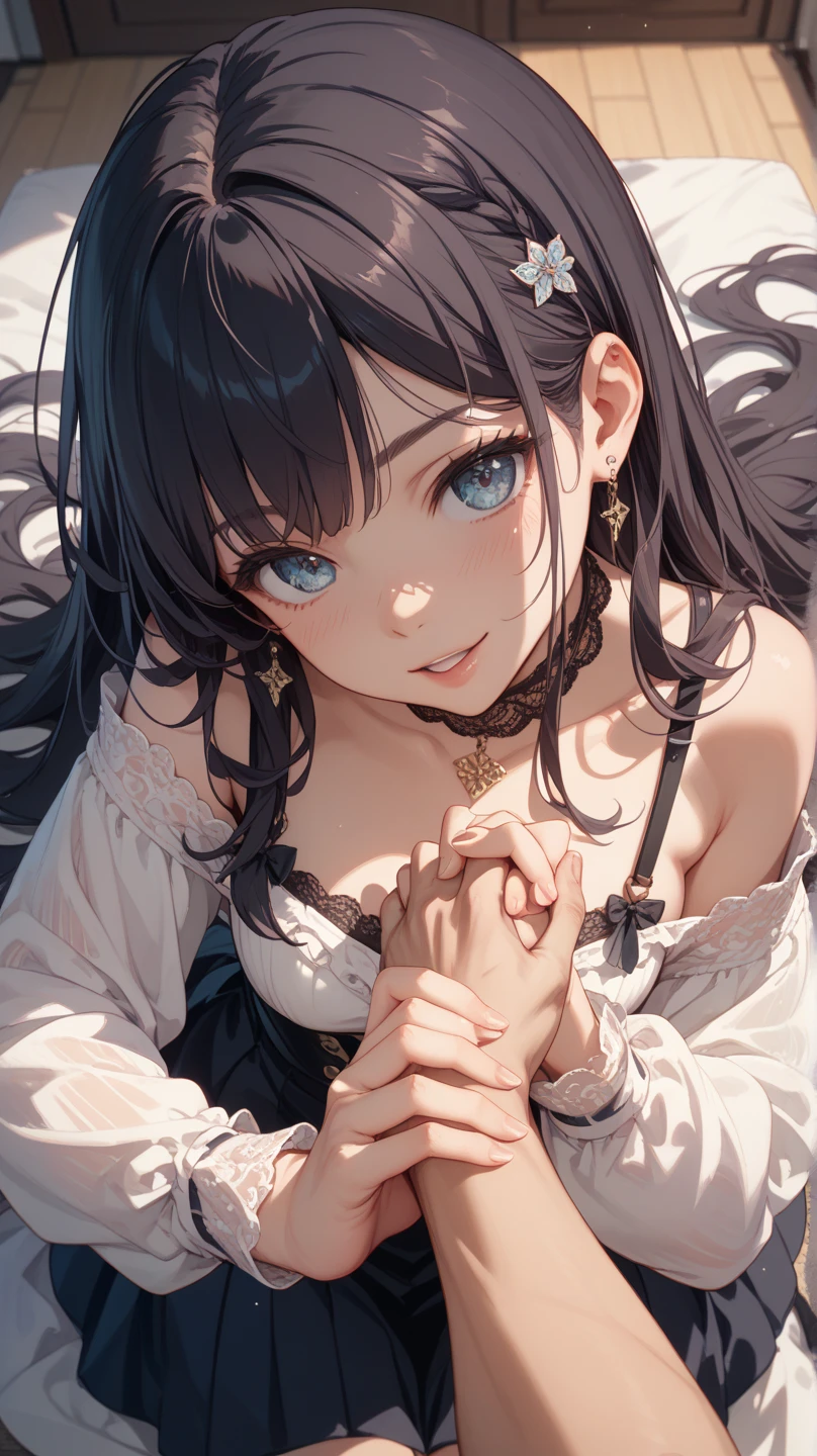 ((Biologically correct limb count))、(( Full-body photo including face))、4K、((Standing position))、masterpiece、((Focus on the face))、((Symmetrical facial features))、Eye for detailed depiction、Beautiful blue-haired woman、Excellent style、Beautiful clavicle、Beautiful feet、Beautiful Hands、Slender body、(Black Stockings、garter belt、High heels)、Facial detailing、Small earrings、necklace、(No sleeve、red gothic dress)、tie、sunny、(((Photo frame with white border)))、Seductive posture、((She is sitting with her buttocks thrust back and her upper body arched, looking up.))、Looking at the night view、(Low - Angle、A camera angle that captures the inside of a skirt from below)、(((Black Hair、Silver Hair)))、(((Moments of ecstasy)))、((Face forward and stick your chin out))、Close-up photo of the upper body、(Place your hands between your legs:2)