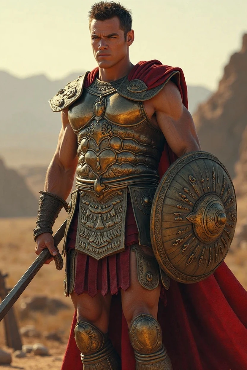 ((head band with Rube Jeweled crown)), hold Greek Sword and Greek roundel shield, Front view , Full-body, looking at viewer, sole, great of king, Alexander , Empire of Greek, standing pose, stand on Mable floor, in an ancient Greek Parthenon palace, 20 years-old, handsome,( wave perm , brown hair , Serious, Greek helmet ), normal body, ((An ancient Greek emperor wearing traditional imperial wear, body of leather armor and emboss of Apron face , shoulder and arm protector , White crock)), gorgeous sandal, sunset ,(Textured skin , HI Detail Skin, (Shorthand, Canon, 8k, Anatomically correct, Super Detail, Attention to detail, Your Highness)