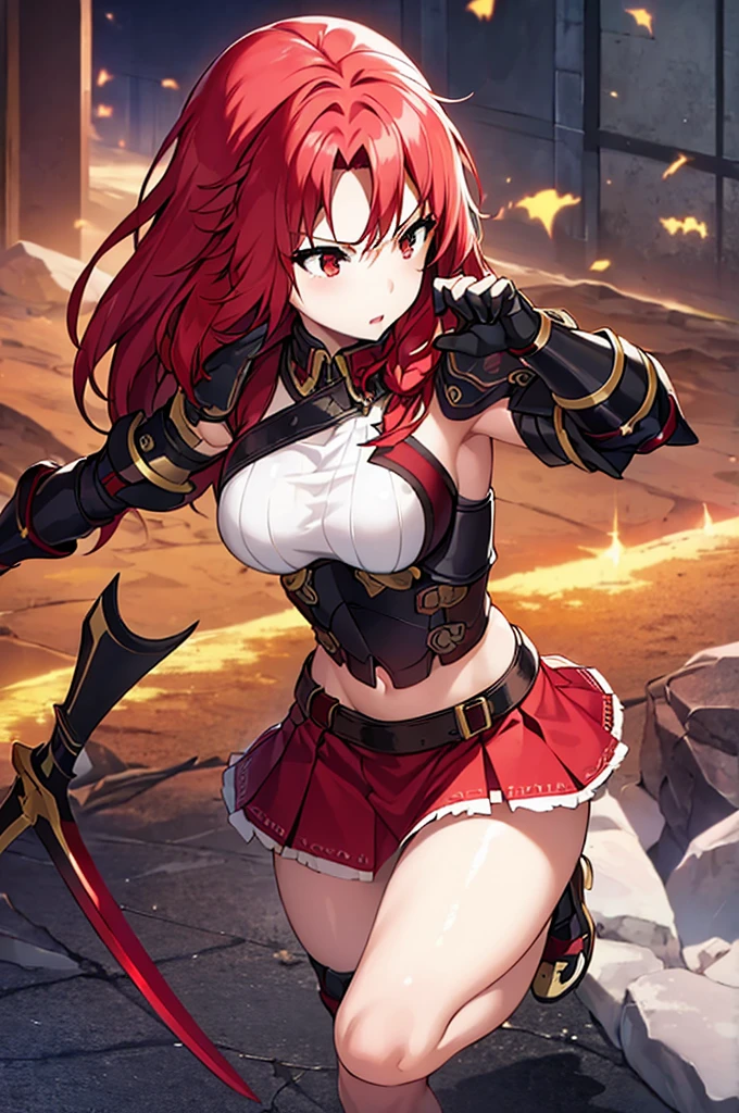 masterpiece,best quality, knight, long hair, red hair, ((Ponytail)), yellow eyes, perfect face, black armor,, ((exposed arm)), red_ornaments, red_tabard, thong, belt, Spear, ((big tits)), exposed belly, smiling, 1girl, strikes, Perfect face, thick thighs, ,add_detail:1, add_detail:0, add_detail:0.5,((weapon_spear)),((Spear))
