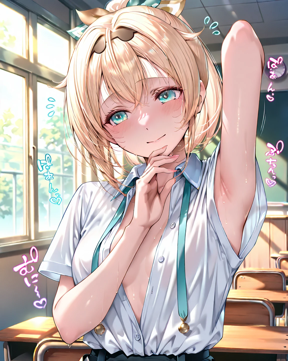 1girl, blonde short hair, green eyes, hair ribbon, medium breasts, solo, hair ribbon, pink skirt, white shirt, bedroom, blush, holding, holding_onahole,
<lora:last:1>