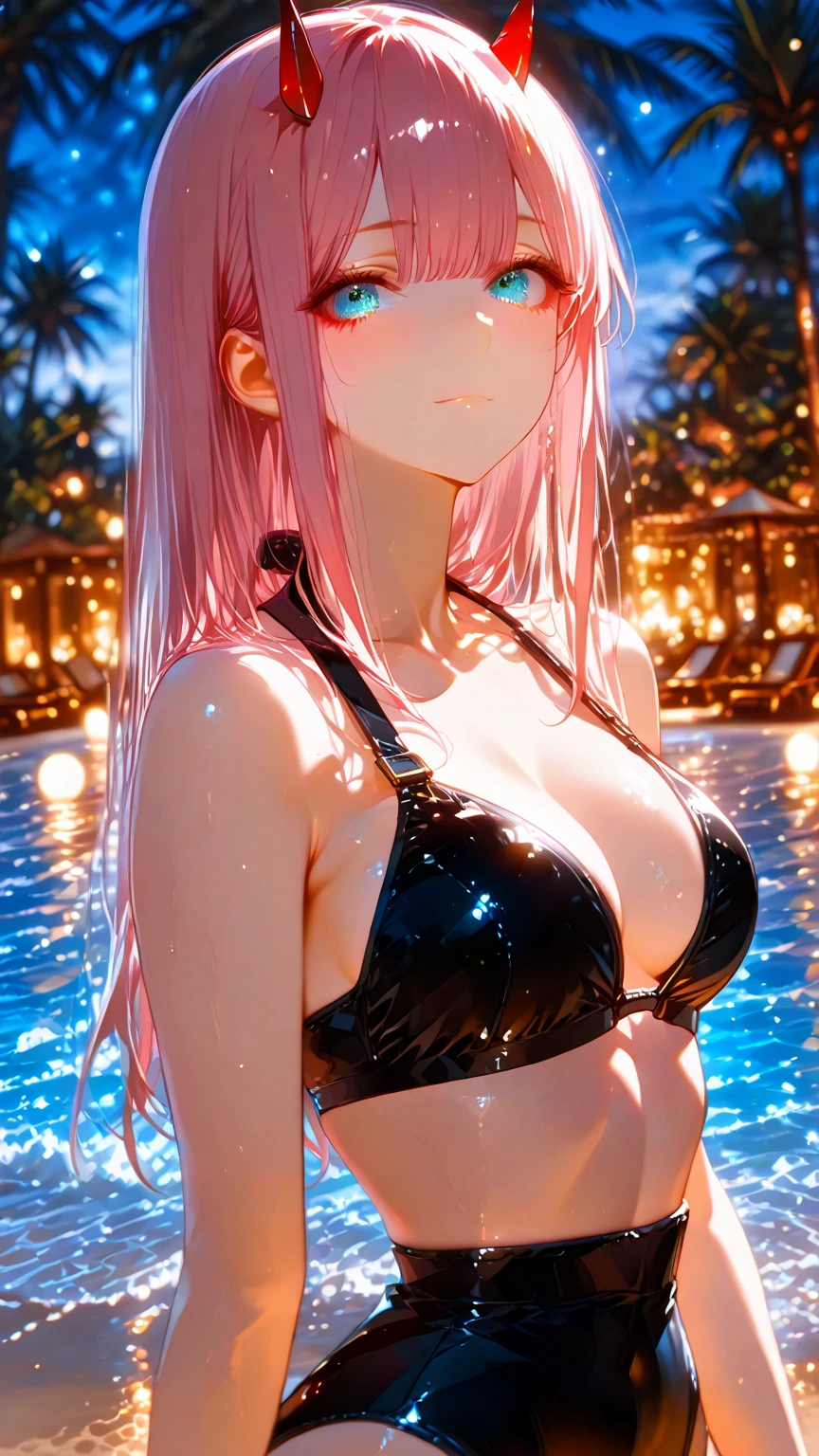 masterpiece,highest quality, Very detailed, High resolution, expensive resolution, High resolution, 4K, 8k, unity 8k wallpaper, Very detailed CG, masterpiece,  2D, 3D, Beautiful details, depth, Fine texture , highest quality: 1.3, Fully focused, Crunchy.skin, .he,
Very cute anime girl 、bikini、Big Breasts、Pink medium-long hair wearing expensive , One Girl、Palm tree、Seaside,  Mole under the eye, looking at the viewer , expensive , blush, Mole, Lips parted, hibiscus hair accessory, heart, Pink Eyes, choker