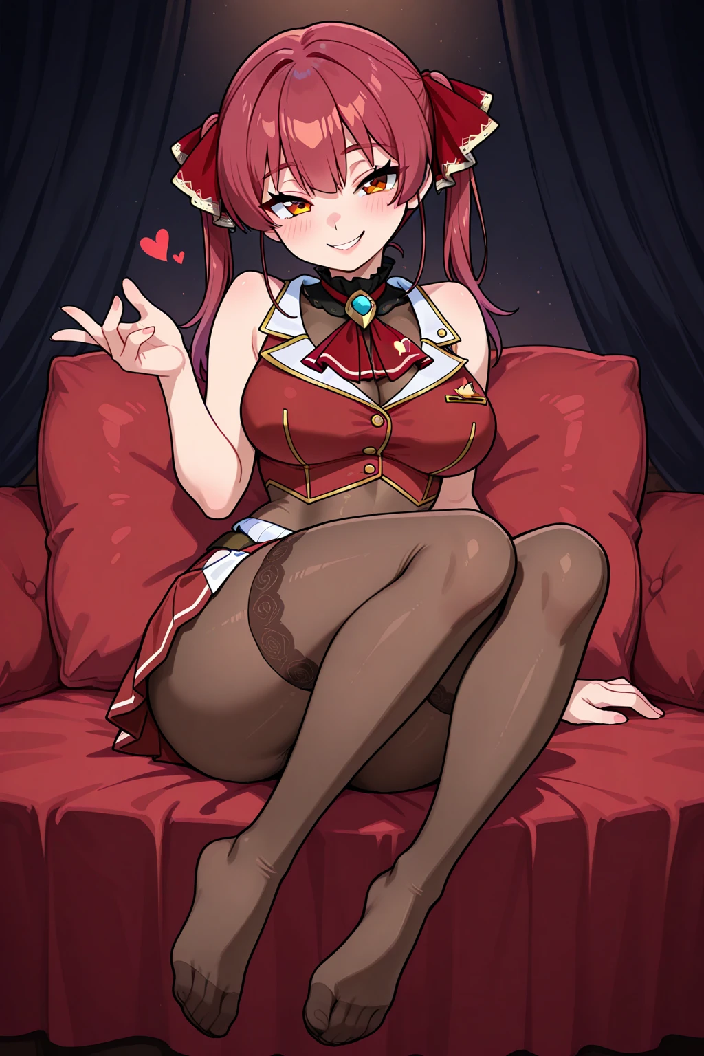 Narmaya posing for a sexy photoshoot on a red couch. She's wearing blue lingerie. blue lingerie, red couch, sexy pose, photoshoot, seductive, erotic,