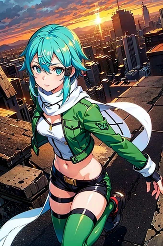 (masterpiece), best quality, expressive eyes, perfect face, highres, sinon1, scarf, fingerless gloves, long sleeves, short shorts,groin, hair ornament, hairclip, green thighhighs, green jacket,covered_nipples, thigh strap, field, sunset_ruins background, ruined structures, dynamic_posing, looking at the viewer, covered_navel,covered_nipples,