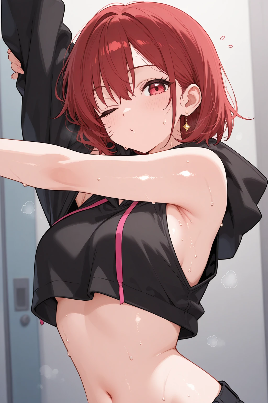 woman，Red hair、plaits、既婚woman、Large Breasts、L Cup Breast、Visible nipples、裏路地に排尿するwoman、Wearing a tank top dress、Worn out dress、Squat Pose、Spread your legs、Electric shock、Sweat、barefoot、Hairy armpits、Underarm hair、lipstick、blush、freckles