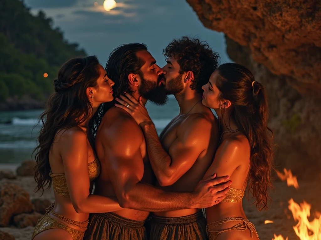 Couple, white man,tall, muscular Hot indian woman, sexy dress,surrounded by five old Indian guys, beach