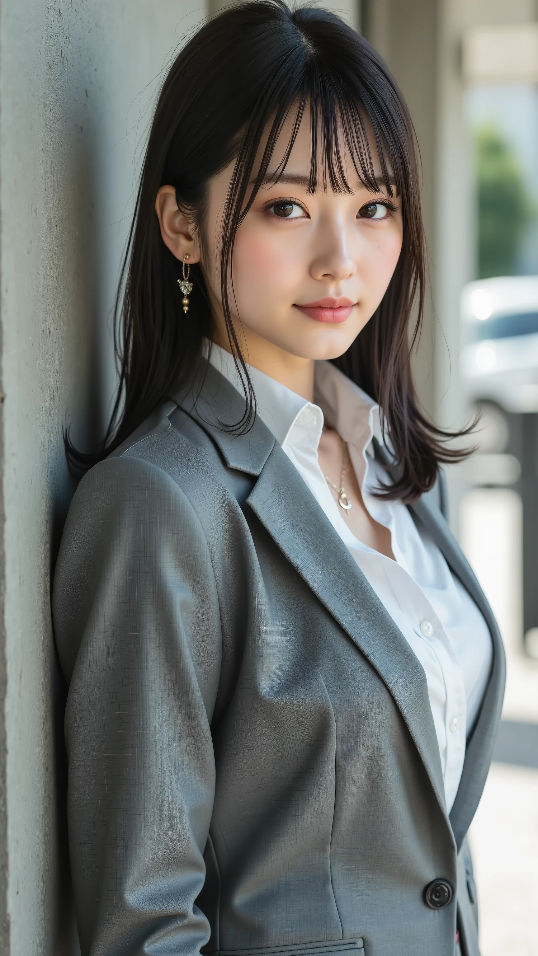 20 year old office lady, Medium-length hair, with intricate eyelash and iris details, and her skin, modern edge, Her dark eyes are drawn in great detail. composition is a full body cowboy shot from the side, with intricate eyelashes and iris details, beautiful skin、in her standing pose. and she is wearing a fitted charcoal gray suit, white long sleeve blouse, miniskirt, and high heels , small earrings, delicate necklace, suggests subtle movement. with linear blunt bob, is perfect with a surreal texture, Conveying the focus. combined with gentle motion blur, natural shine , has a sharp style、she stands gracefully in a contemporary office lobby. the background of the office lobby is、ensures her body is proportional and anatomically accurate, and a visible name tag、studio lighting softly illuminates her hair and outfit. ((lovely twin tails))