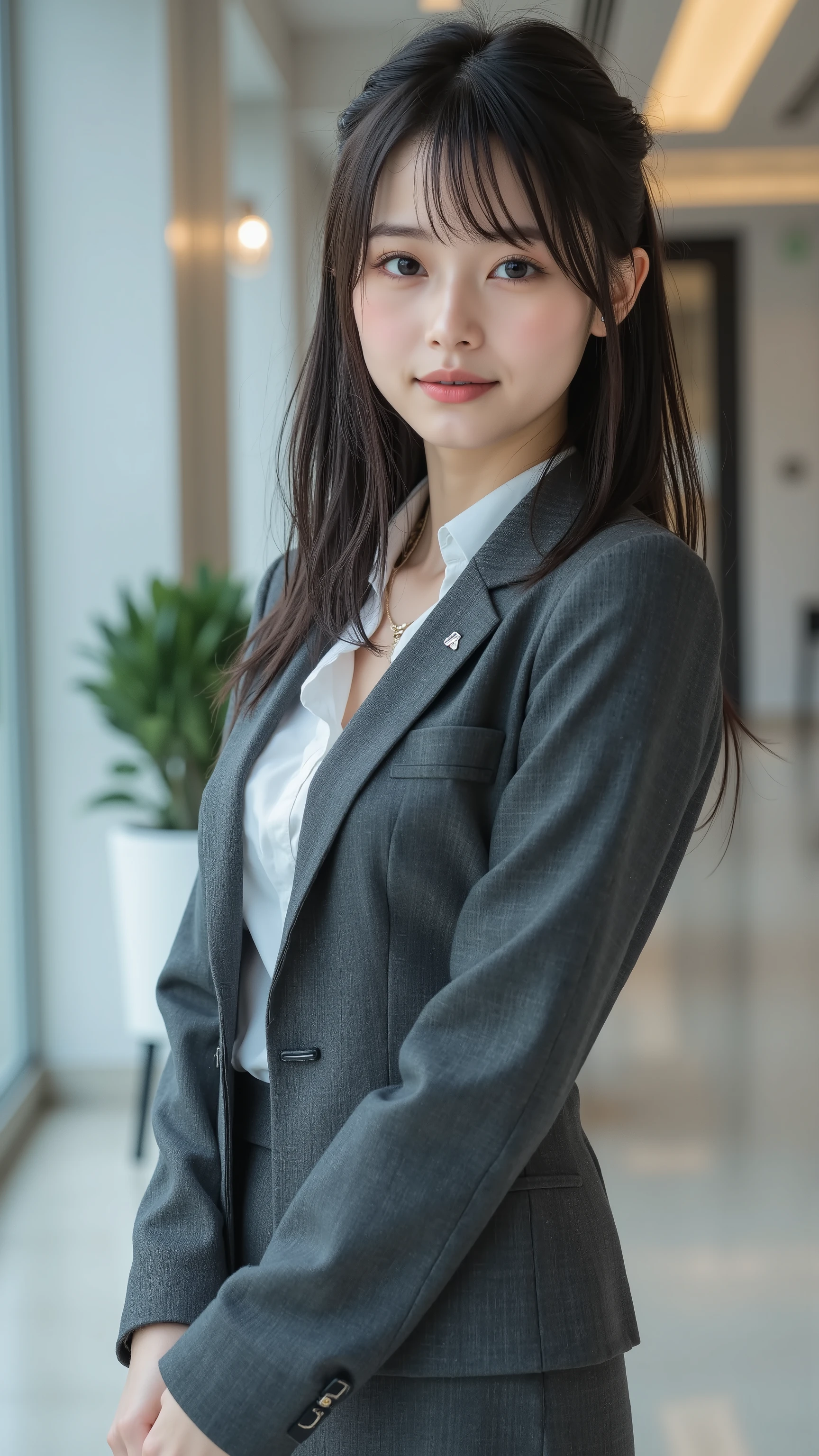 20 year old office lady, Medium-length hair, with intricate eyelash and iris details, and her skin, modern edge, Her dark eyes are drawn in great detail. composition is a full body cowboy shot from the side, with intricate eyelashes and iris details, beautiful skin、in her standing pose. and she is wearing a fitted charcoal gray suit, white long sleeve blouse, miniskirt, and high heels , small earrings, delicate necklace, suggests subtle movement. with linear blunt bob, is perfect with a surreal texture, Conveying the focus. combined with gentle motion blur, natural shine , has a sharp style、she stands gracefully in a contemporary office lobby. the background of the office lobby is、ensures her body is proportional and anatomically accurate, and a visible name tag、studio lighting softly illuminates her hair and outfit. ((lovely twin tails))