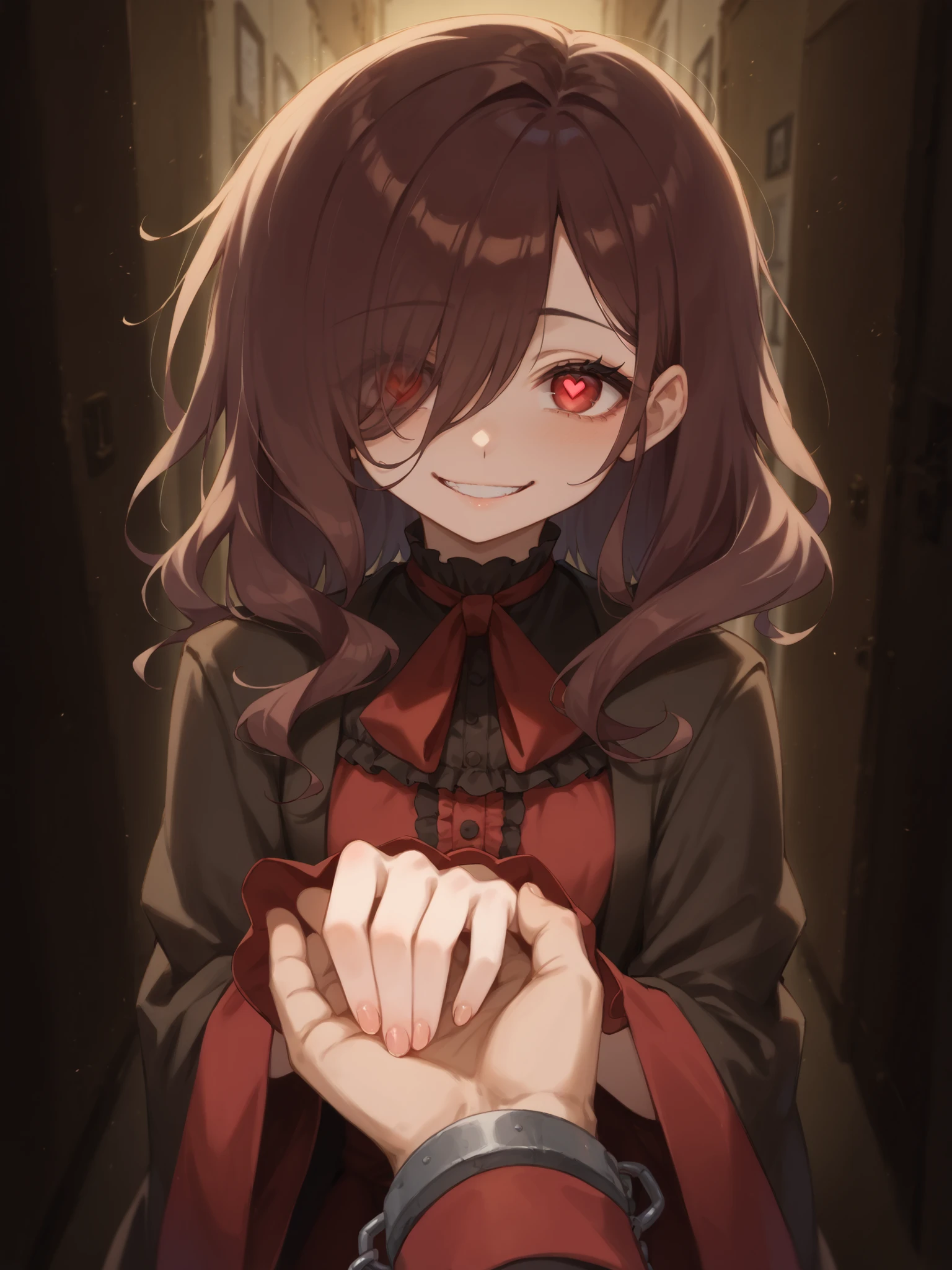 hold hands, solo focus, POV Hands, flameout,masterpiece、top quality、high resolution、Human Anatomically Accurate、
score_9、score_8_up 、 score_7_up 、 score_6_up 、 score_5_up 、 score_4_up 、solo focus、
1girl(dark haired( red highlight )、 Yandere Girl, obsessive look, crazy smile on guitar, Chained Wrists, dark hallway background, 長いdark hairedが揺れる, lolita fashion, Spooky Shadows , Red Eyes, Obsessive Love Expression, Production of fear, Strong Contrast, cartoon effect line, Highlight Dark Areas, Terrible Composition, dramatic lighting, Impending Moments、、Being Dragged First-Person Perspective、hair over one eye,heart-shaped-pupils,glowing eyes