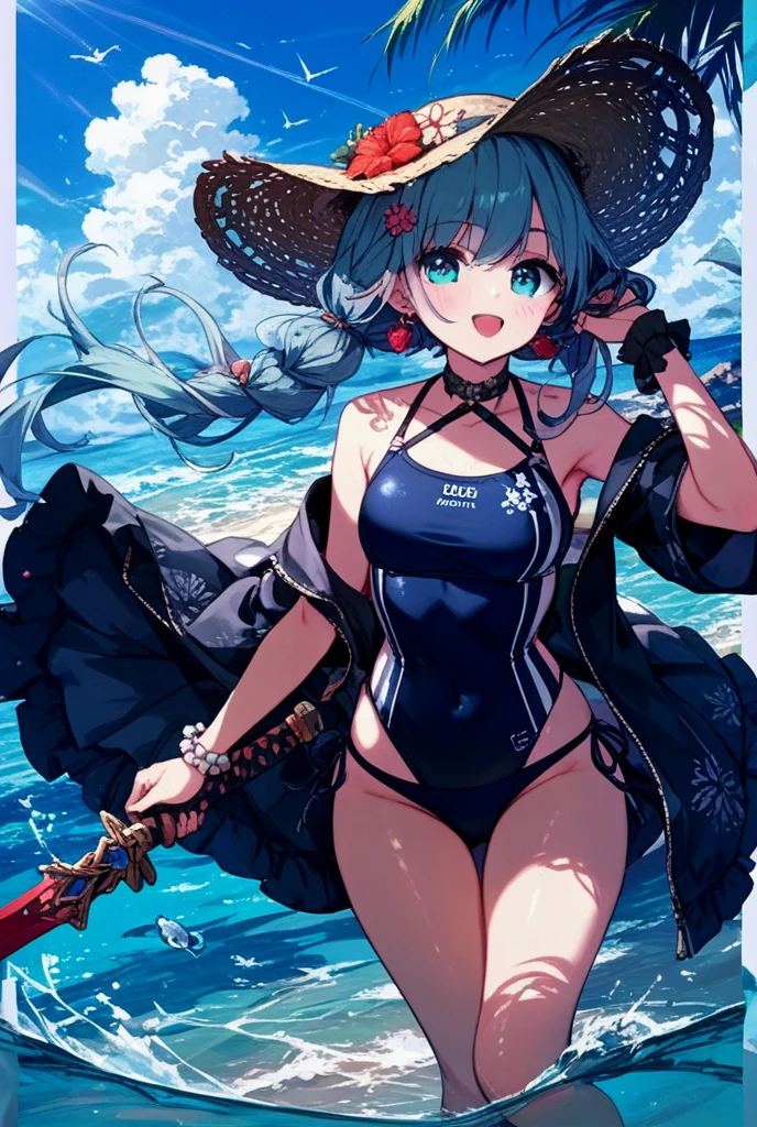 ((masterpiece, high resolution, better quality, better details)), (anime), one woman on the beach, ((toothy smile)), ((royal blue micro bikini with black details)), ((thong bikini)), cleavage, platform high heels, black neck choker, large straw hat, white hair with blue highlights, shiny skin, ((slender body)), front view, beach landscape, wide hips, slim waist, big breasts,