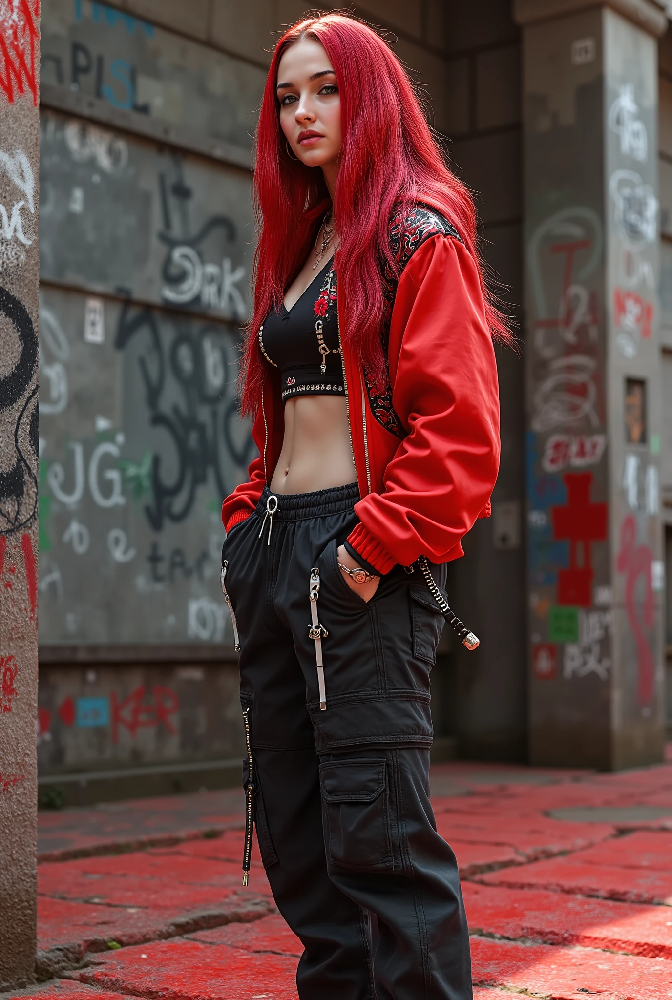 Raw real photo of girl (idade:1.1), (etnia:1.1), in urban graffiti -coverosso setting, wearing vibrant vermelho hooded jacket, (roupa detalhada:1.2), (accessories:1.1), (detailed skin texture:1.2),  cropped top, (detailed facial features:1.3), ( Expression:1.2), vermelho cargo pants with white accents (roupa detalhada:1.2), (tipo de corpo:1.1), (pose:1.2)  standing against a wall, hands in pockets, (pose:1.2), view slightly turned over in three quarters, facing slightly to the right of the viewer, (Orientation:1.1),  em uma pose, fashionable urban style.  (cabelo detalhado:1.2), (vermelho hair:1.1). arte de grafite (estilo:street art),  urban concrete wall background, (Grafites detalhados:1.1), and little red ground ((estilo:street art),  (paleta de cores:vermelho, preto, e branco)  photorealistic digital art, hiperrealista,  quality artstation , 8k resolution.