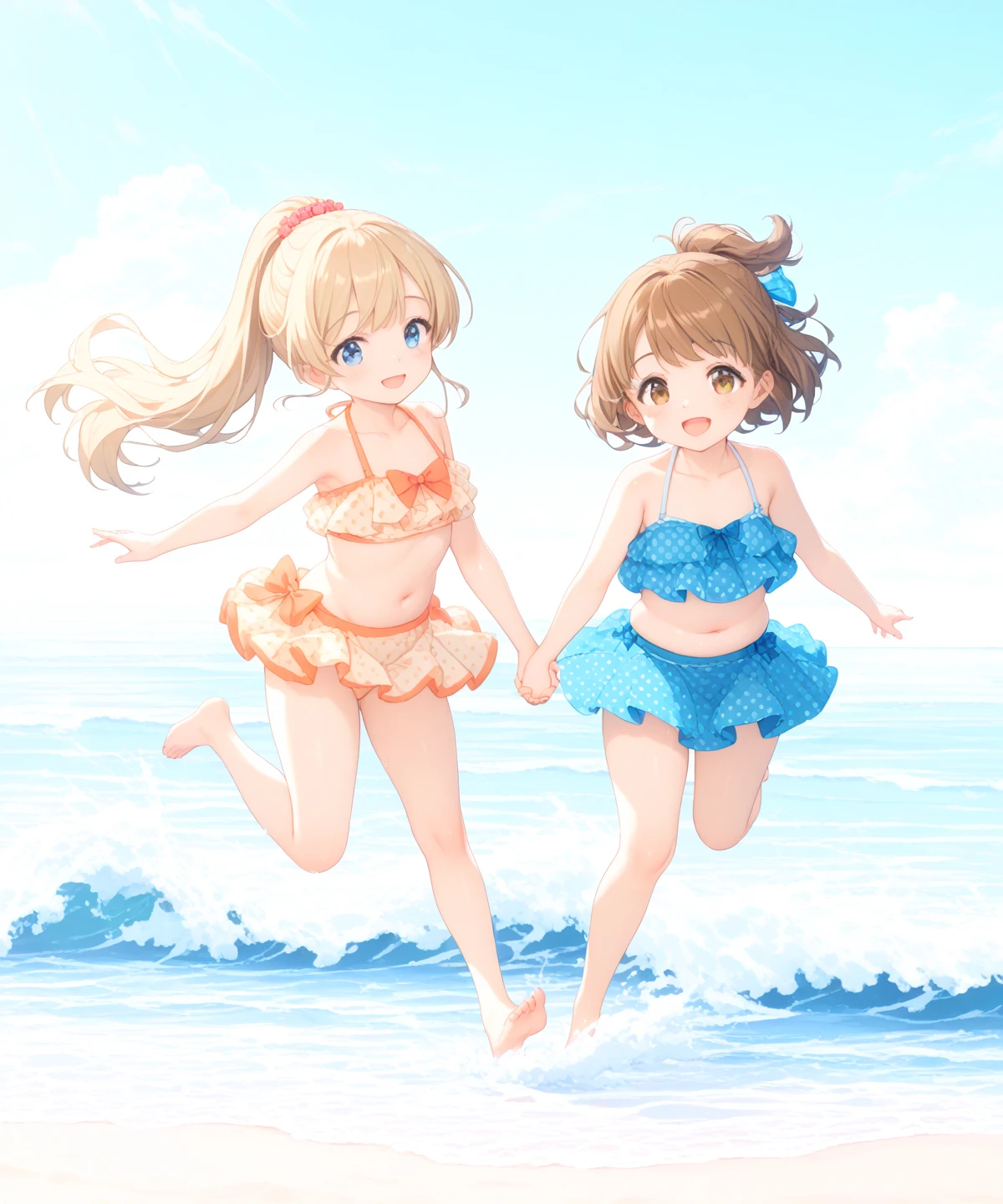 Loli, bikini, barefoot, flat chest, urinary incontinence, urine, blush, strangled leg ring