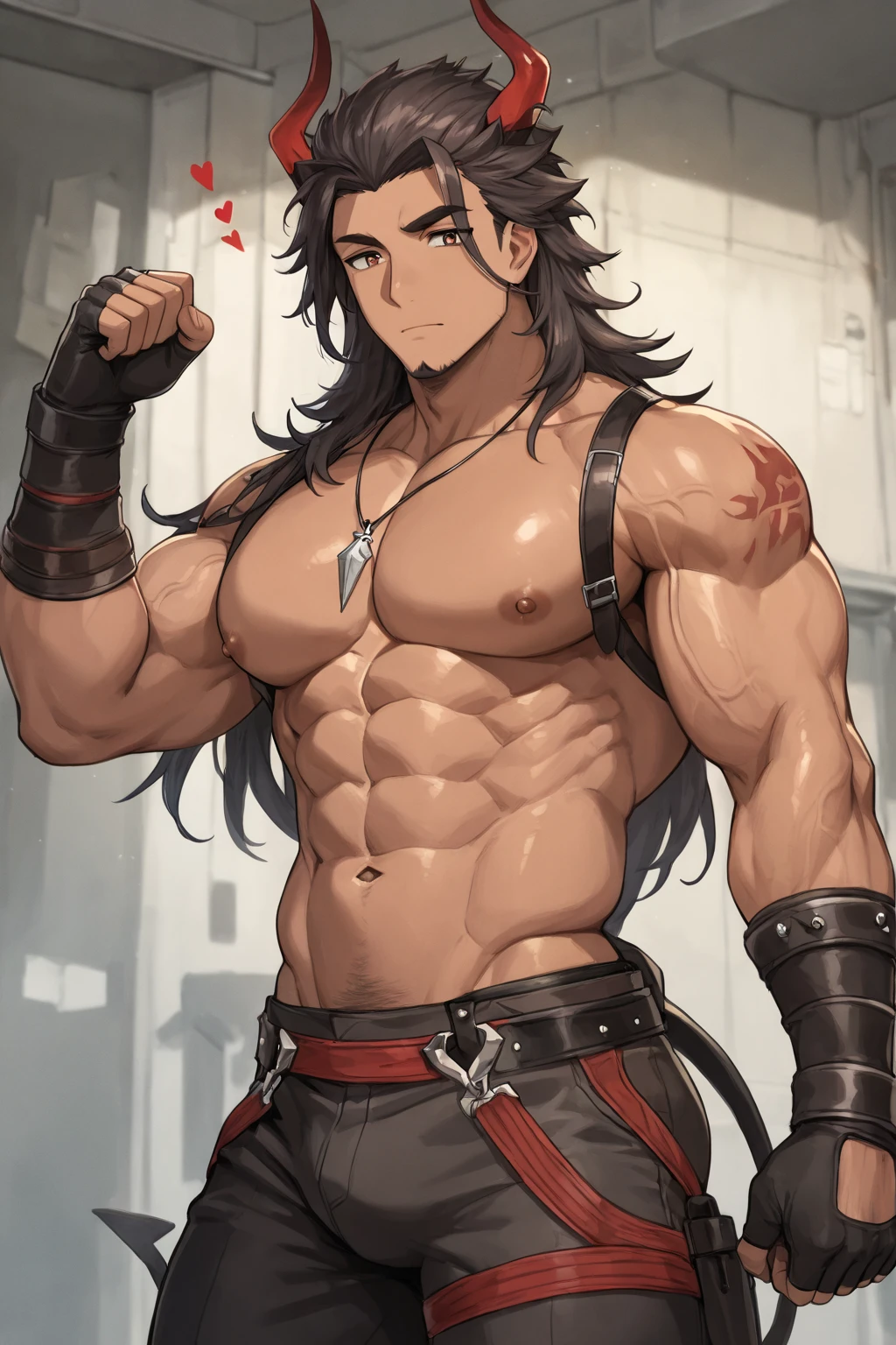 Sexy muscular slave man, with big tits. Dressed in a torn loincloth. Whiplash wounds to the chest. Chained by the neck. Short beaked black hair, blue eyes. With a sad face and crying