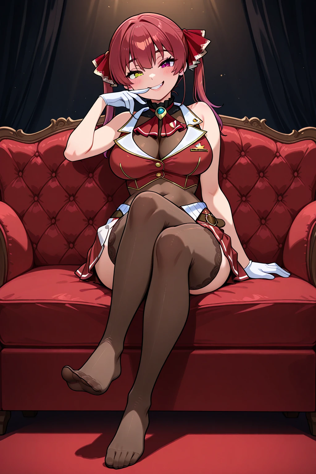 Bonfire, Red eyes ,lipstick, Blue eyeshadow, One Girl, alone, , Earrings  ,Show Viewer, blush, , long white elbow satin gloves, , Nurse uniform, jewelry, very, A kind smile,  Long white elbow gloves, White gloves, 、whole body、Muscles of a man、sexy、Knee-high socks、Spread your legs。