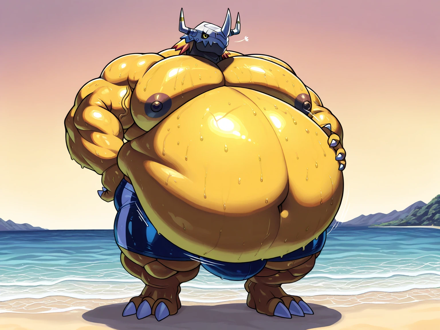 4k, high resolution, best quality, perfect lightning, perfect, solo, anthro, young, boy,white wolf:2.0, furry body, (fluffy mane:1.2), fluffy tail, male, adult, (bulky2:0, thick muscles2:0, huge muscles:2.0, hyper muscles:2.0), (thick biceps, veiny biceps, broad shoulders:2.0), (thick legs, thick calves:1.1), (digitigrade legs, 4 toes:1.2), perfect colors, (photorealistic fur, detailed fur, epic, masterpiece), (suggestive posing:1.2), (seductive smile, lustful grin 1.3), detailed beach,detailed wolf eyes:2.0, by k0suna, by darkgem,nipple ring,hyper arms:2.0,veins,white body,white fur,hyper butt:2.0,hyper paws:2.0,standing,thick legs,thick butts:2.0,sweat body:2.0,massive butt:2.0,black hat,hyper ass:2.0,huge ass,long legs,juicy butt:2.0,butt like a mountain,butt with colorful patterns:2.0,wide butt,hyper wide butt,heavy butt:0.2,thick butt:0.7,hyper huge legs