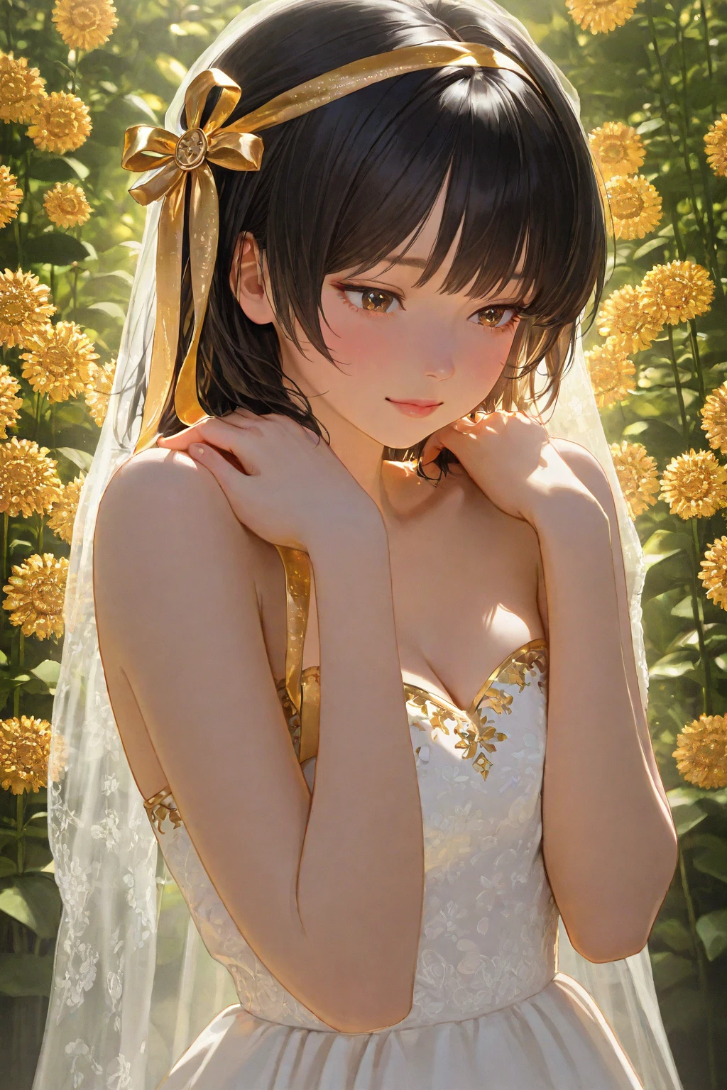 (masterpiece, best quality:1.2), (good anatomy, good hands:1.2), (1girl, solo:1.2), angel, bangs, black hair, breasts, grey eyes, closed mouth, dress, flowers, (hair bun:1.2) hair rings, halo, big halo, holding flower, leaf, lily \(flower\), medium breasts, sidelocks