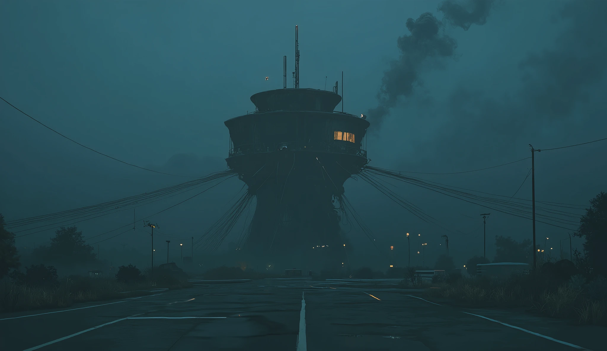 in the style of simon-stalenhag,Illustration,Drone shot. Wide-angle lens. Inspired by the world of Katsuhiro Otomo's Akira, this photorealistic, detailed depiction was shot in a cinematic style with a wide-angle lens. 8K. A futuristic, abandoned watchtower in a hyper-realistic, dark setting. Realistic imagery. Dust clouds. Realistic '80s anime lighting.