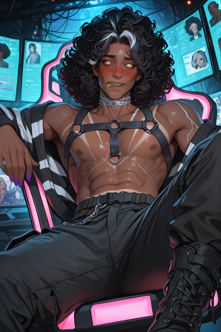 Lean fit human, femboy, male but femenine, African, dark skin, pretty, barefoot, adult, very long messy black hair, hooker, slutty, shorts, topless, Miami, whore, jewellery, anime style