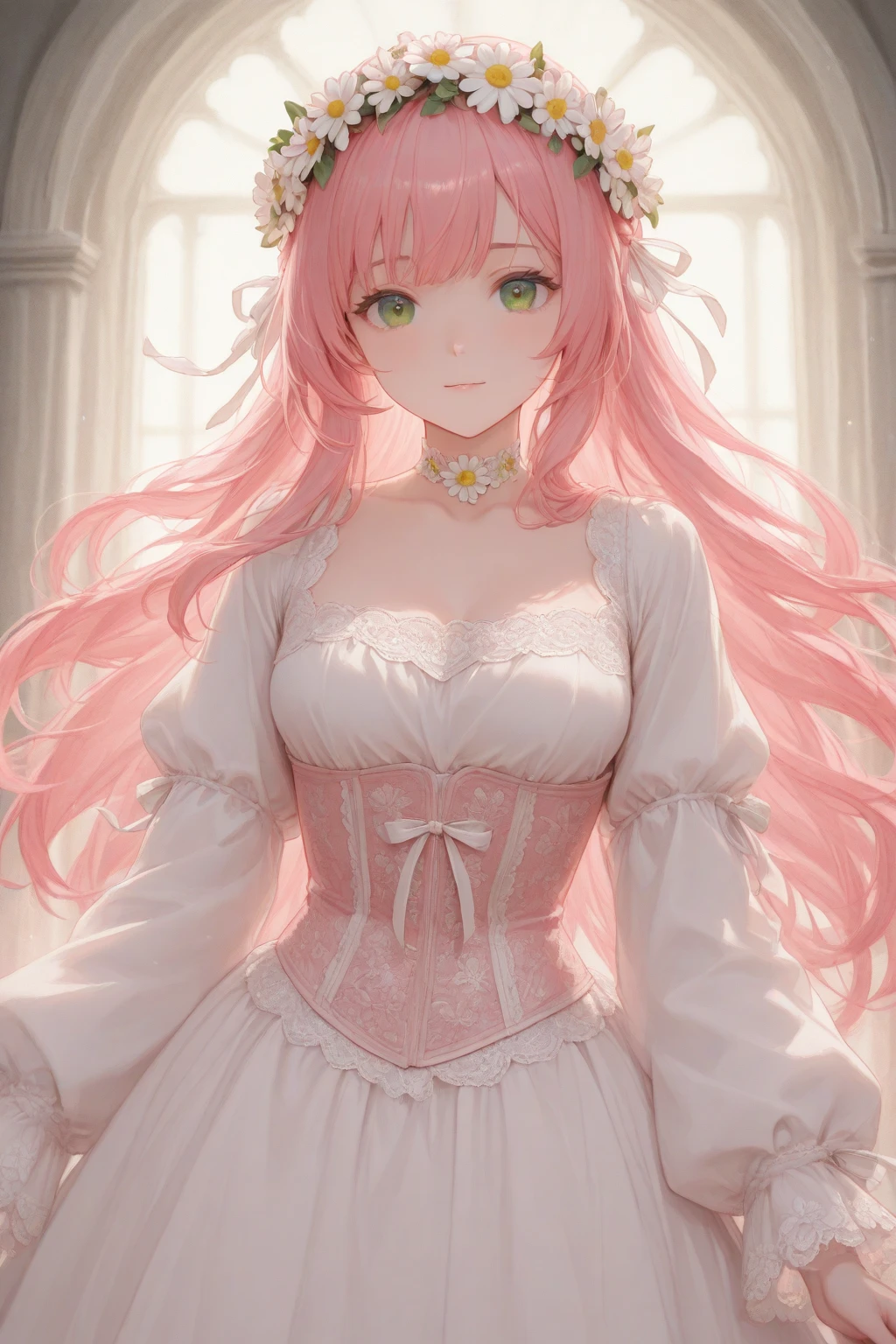 long pink wavy hair and yellow eyes, princess dress and 25 year old girl with breast