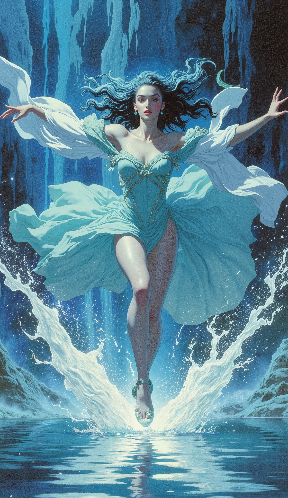 Masterpiece, 8k, hyper-detailed, cinematic character concept art. A breathtakingly graceful female dancer with a hauntingly beautiful, melancholic expression, her skin flawless and iridescent like polished jade, her eyes clear and luminous. A voluminous cascade of wavy, sea-foam blue hair flows wildly in the wind. She is captured mid-leap in a powerful, elegant dance over the water's surface. She is adorned in an exquisite, intricately detailed fantasy islander costume: a form-fitting, off-the-shoulder sea-silk bustier, ethereal gossamer sleeves, a short, flowing skirt that mimics the ocean's waves, and trailing ribbons of aquamarine fabric that swirl like liquid light. On her feet, delicate glowing crystal shoes. Crystalline water splashes erupt around her, frozen in mid-air, each droplet a sparkling prism. Ethereal fantasy art style, fused with dynamic, high-frame-rate anime aesthetics. Dramatic cinematic lighting, volumetric god rays, strong rim lighting. Perfect anatomy, anatomically correct hands, dynamic low-angle shot, insanely intricate detail.