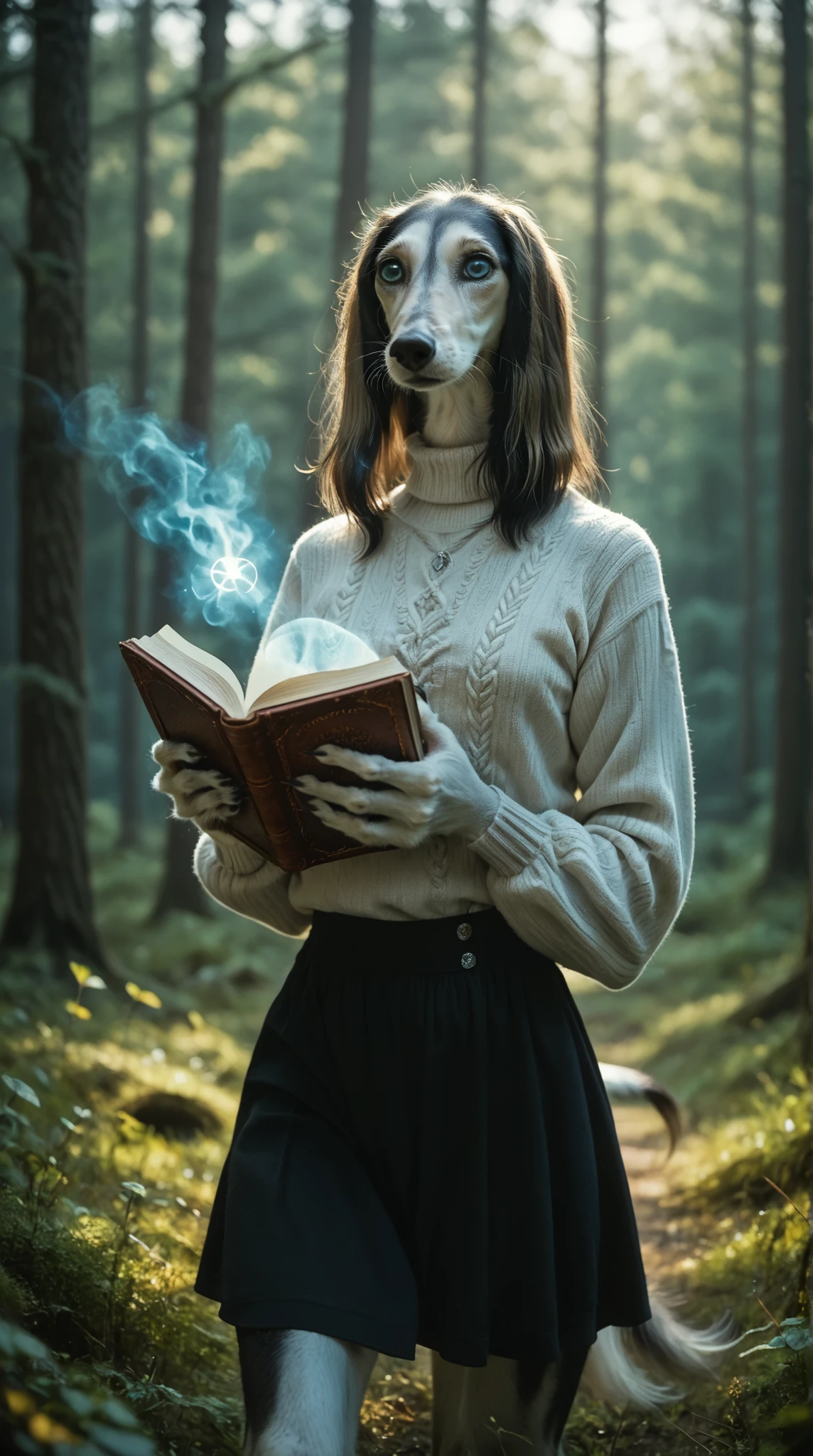 a girl standing holding a large book by her side. Set in dark forest at night. saluki, sighthound, light blue eyes, black fur, paws, sweater blouse, cute skirt, silver locket, ArsMovieStill, low angle, dramatic lighting, close up