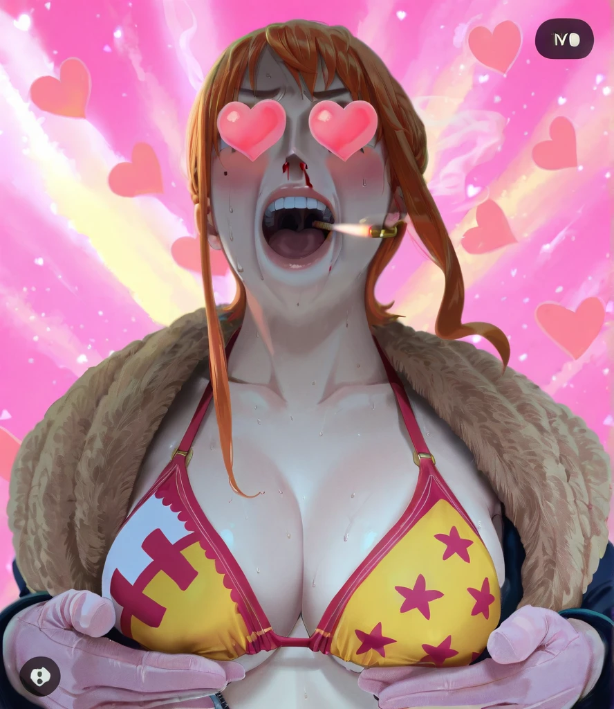 a cartoon picture of a woman in a bikini top and jeans, nami one piece, nami from one piece, nami, beautiful portrait of nami, from one piece, oppai, blue eyes, smoking, ponytail
