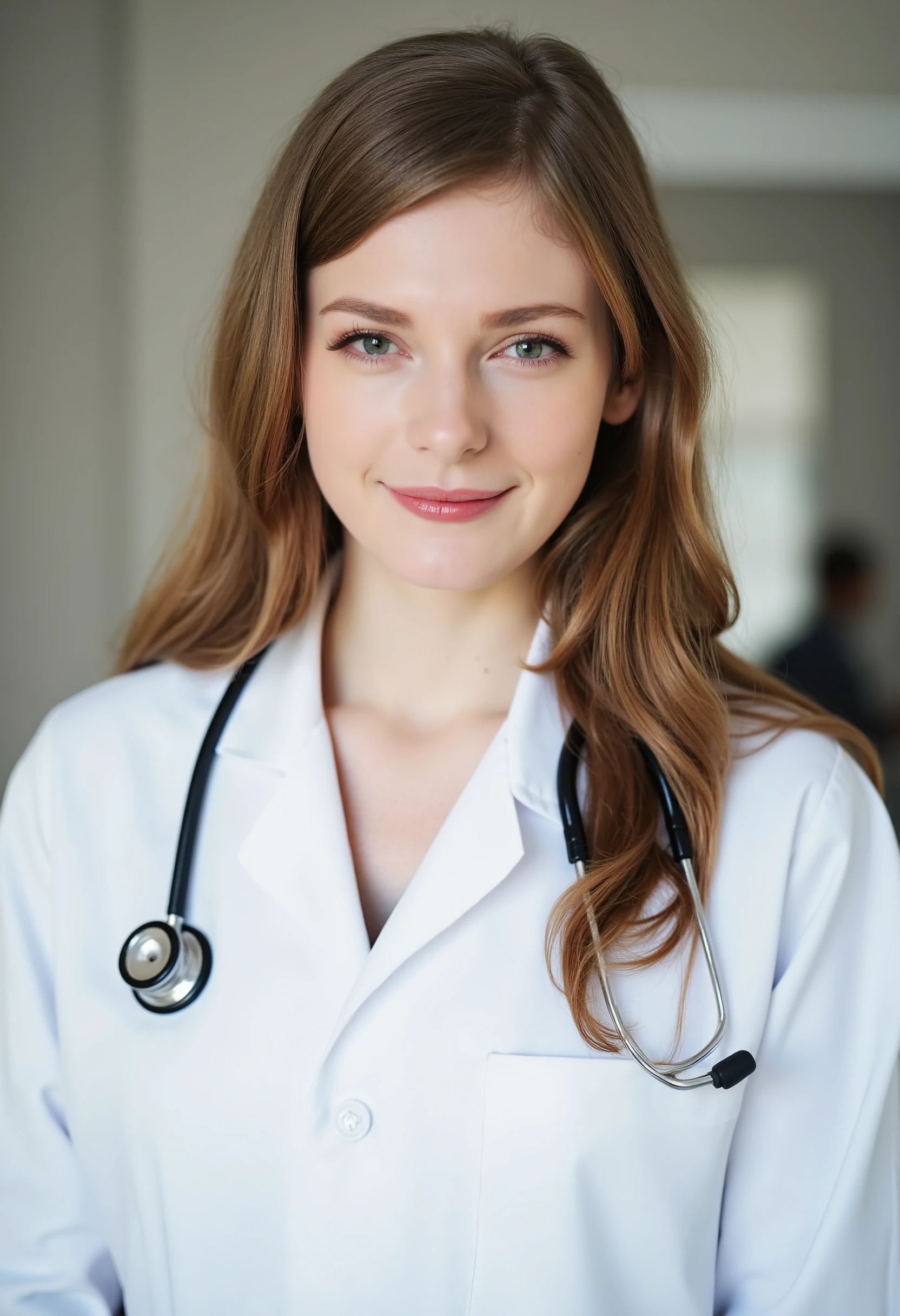 An image of a beautiful young woman wearing a white medical coat, with a stethoscope around her neck. She has long and wavy brown hair, and bright eyes with light makeup that highlights her features. She smiles softly and conveys a sense of trust and professionalism.. The background is blurry and resembles a modern medical environment, like a doctor's office or hospital. . The lighting is soft and natural, giving a professional and welcoming atmosphere to the image.