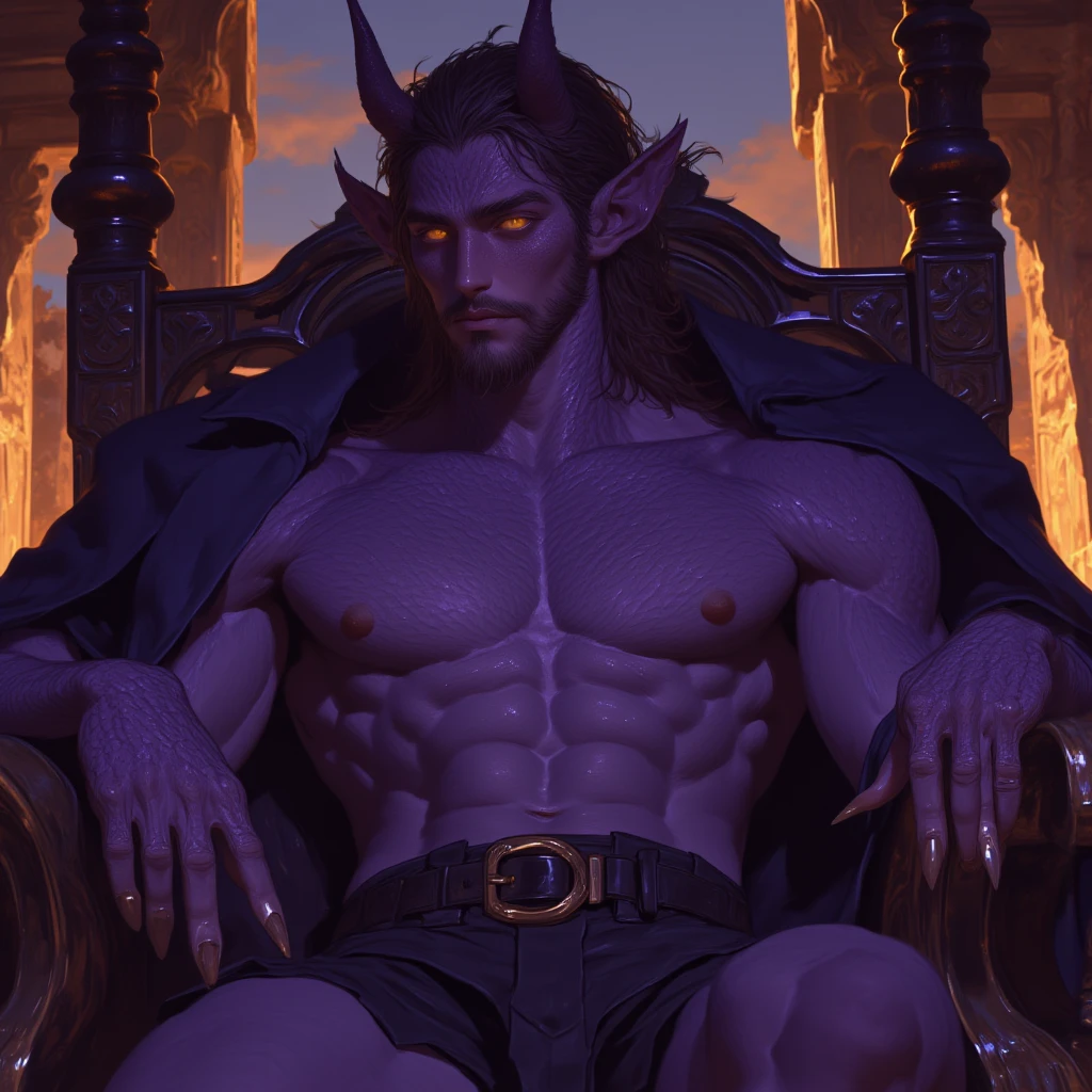 1boy, muscular burly ilidari, scar, purple skin, wings, horns, bright green eyes, no pants, long hair, tattoo, bandages, black jockstrap, black suspensory big bulge, green magic, ruins, water, reflection, volumetric lighting, best quality, masterpiece, realistic, dark purple hair, gradient hair, character chart, anatomically correct, high details, 4K