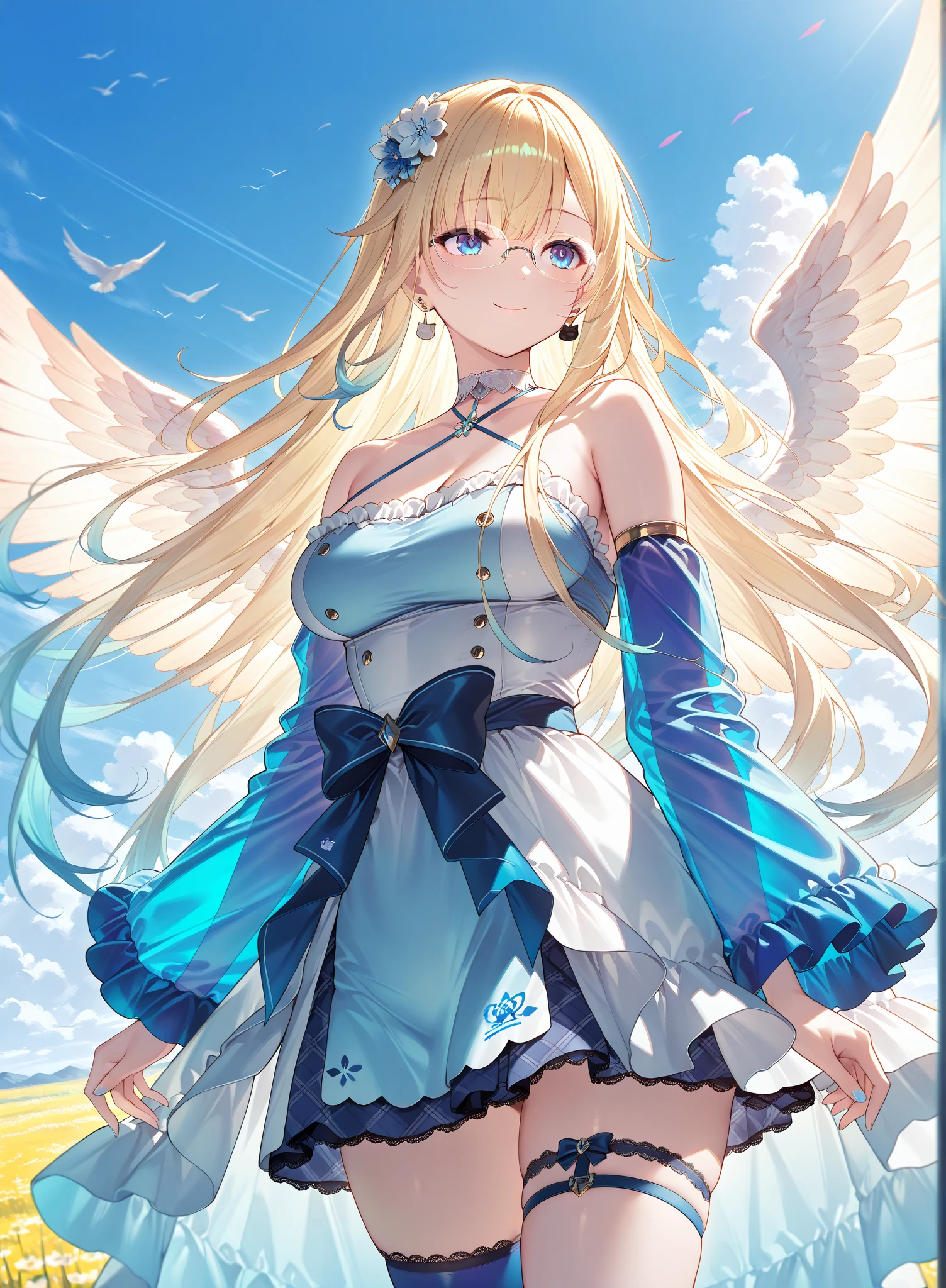 A girl flying in the sky, blonde hair, blue eyes, angel wings on her back, white dress, blue sky, white clouds, gentle smile, angel wings, golden light