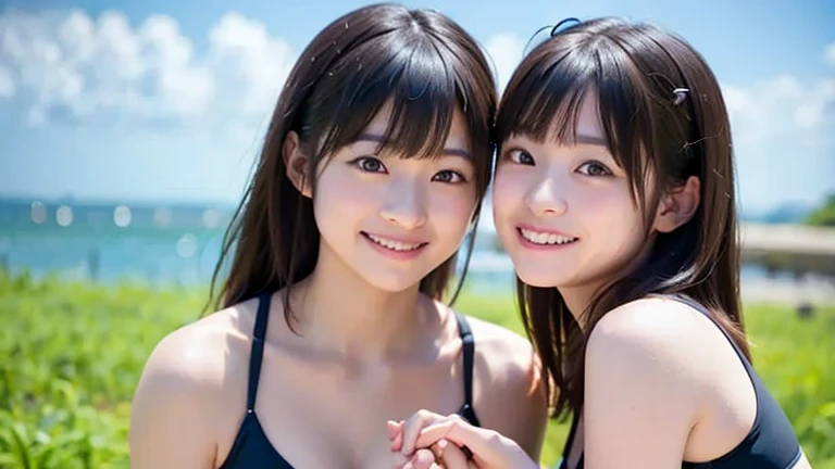 (2girl), air bangs, beautiful girl, enchanting smile, (extremely detailed beautiful face), (highly detailed eyes, highly detailed face), (bikini), Fresh, very clean appearance, (best Quality:1.4), (hyper-realistic, hight resolution), Professional Photography, beach, palm trees, standing