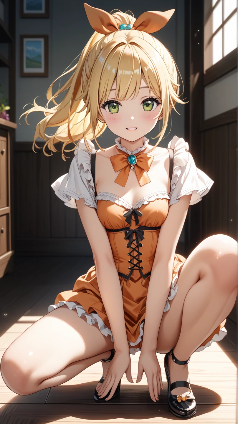 masterpiece,best quality, ultra-detailed,1girl(sakurai momoka, lovely small breasts, wavy hair,blonde hair, headband, pink flower in hair,green eyes, half-closed eyes), evil face, smirk, facing viewer , looking at viewer, solo, gold dress(ornate dress), bare shoulders, frill, bows, skirt lift, white panties, white lace thighhighs, in the locker room, standing, spread legs, come-on, lure, skirt lift, love juice flows out of her pussy, from_below