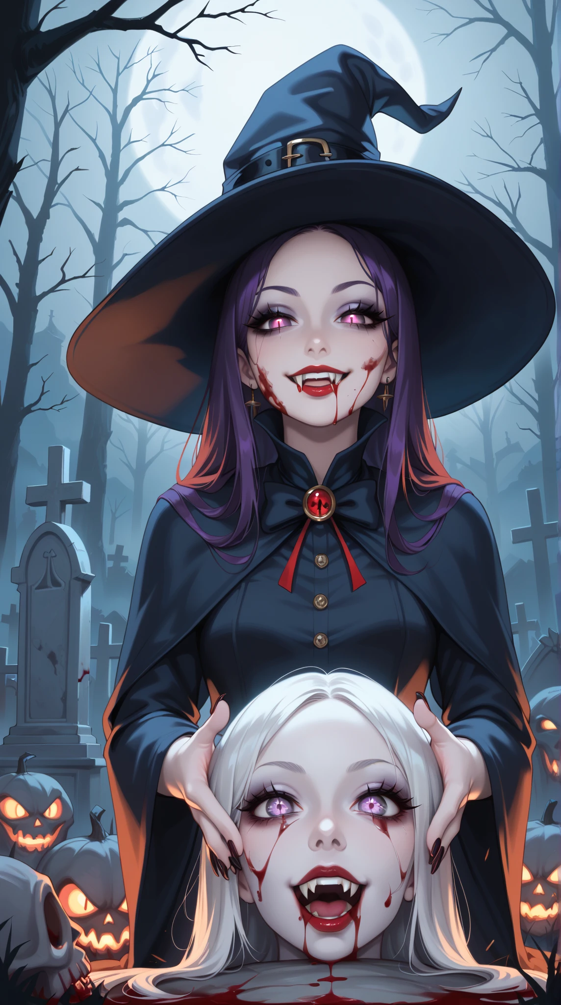 mysterious woman, in a black dress with small golden details, and a black hat, with black hair and a Machiavellian and mysterious smile, holding a glass of wine, witch style, in a cemetery, spiritual style