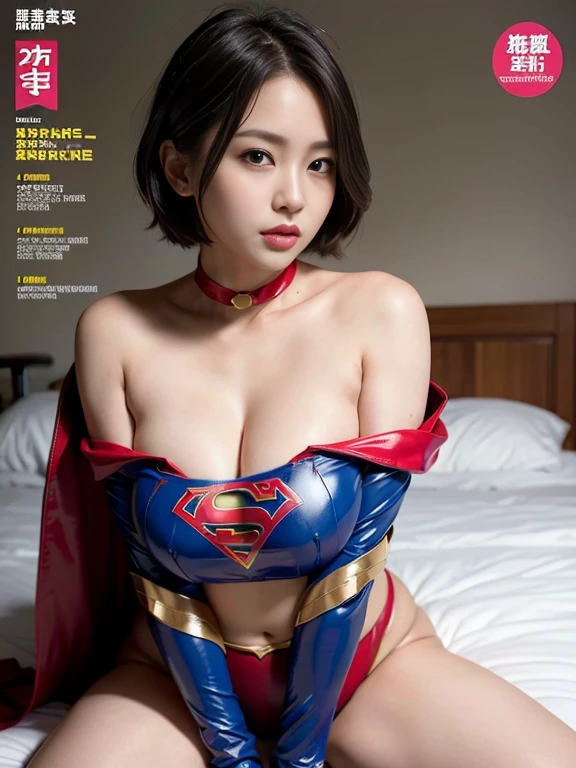 masterpiece、supergirl costume、short hair、barefoot、big and full breasts、Bedroom、straddle the bed、sexy pose、athlete、shiny、looking at camera、Seduce、choker、long sleeve、red mini skirt、Weekly magazine cover、Sculpture Magazines、sweaty、