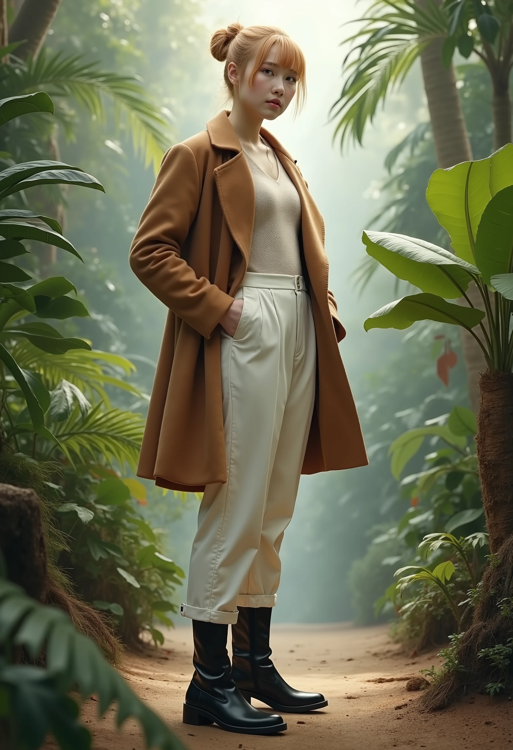 Retrato real + airbrush, woman with a Korean face with about 25 years old , ombré blond hair tied in a messy bun , & pretty pink lips . she wore a brown cashmere coat and white pants, besides black boots, in an exotic setting, while posing standing,