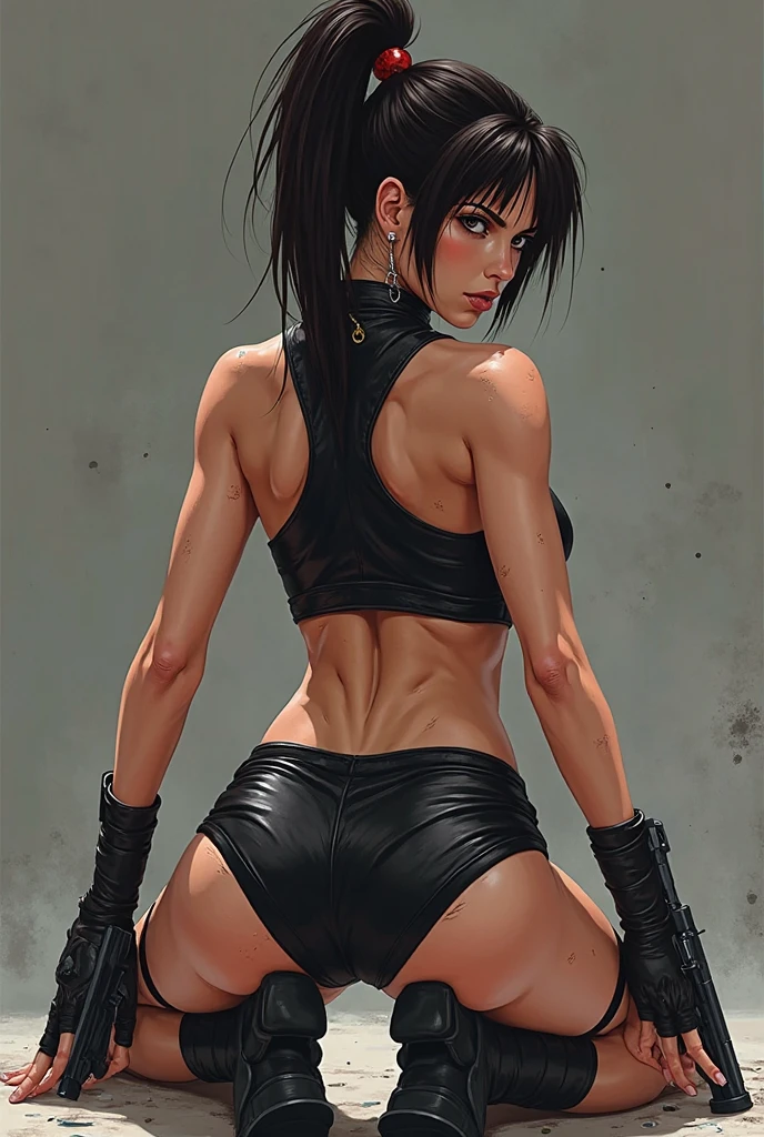 obra-prima, Ultra High Definition, maximum resolution, 8k, D'Vorah (Mortal Kombat X), jovem, sozinha, (corpo inteiro) magra, quadris largos, bunda grande, bunda empinada, rosto muito detalhado, olhos muito detalhados, delicate strokes, wear a micro short e mini blusa, natural illumination, sorriso malicioso , (front view), quarto de hotel