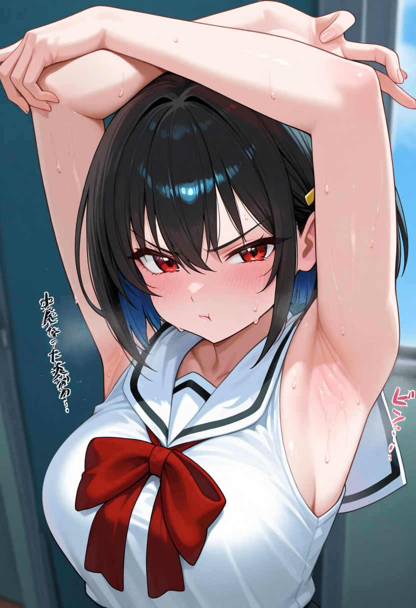 Black Hair 、short hair、Ahega Double Peace、Eyes Wide Open,((School Uniform))、Small breasts、Huge nipples,Puffy nipples、((Long nipples:1.2))Squat,Spread your legs,((Trembling with sexual climax:1.5))、Girl shows pussy,((Nipple piercing))、((genitalpiercing))、Nipples pulled、